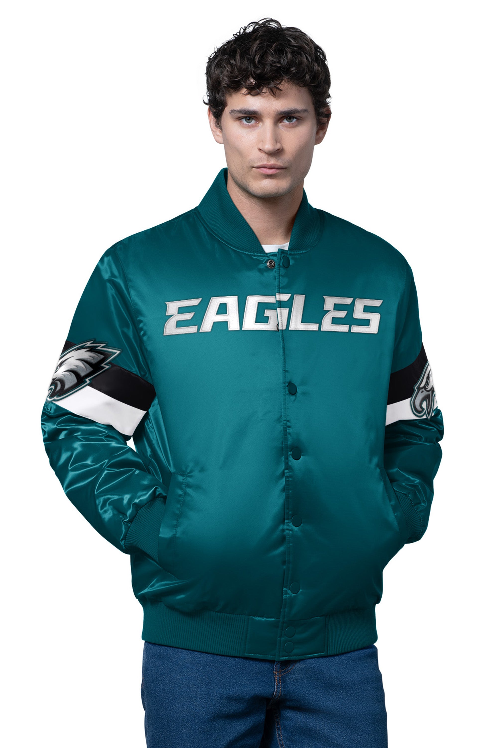 MENS PHILADELPHIA EAGLES TRIPLE OPTION SATIN VARSITY JACKET View 1 | NFL MENS PHILADELPHIA EAGLES TRIPLE OPTION SATIN VARSITY JACKET View 1 | NFL