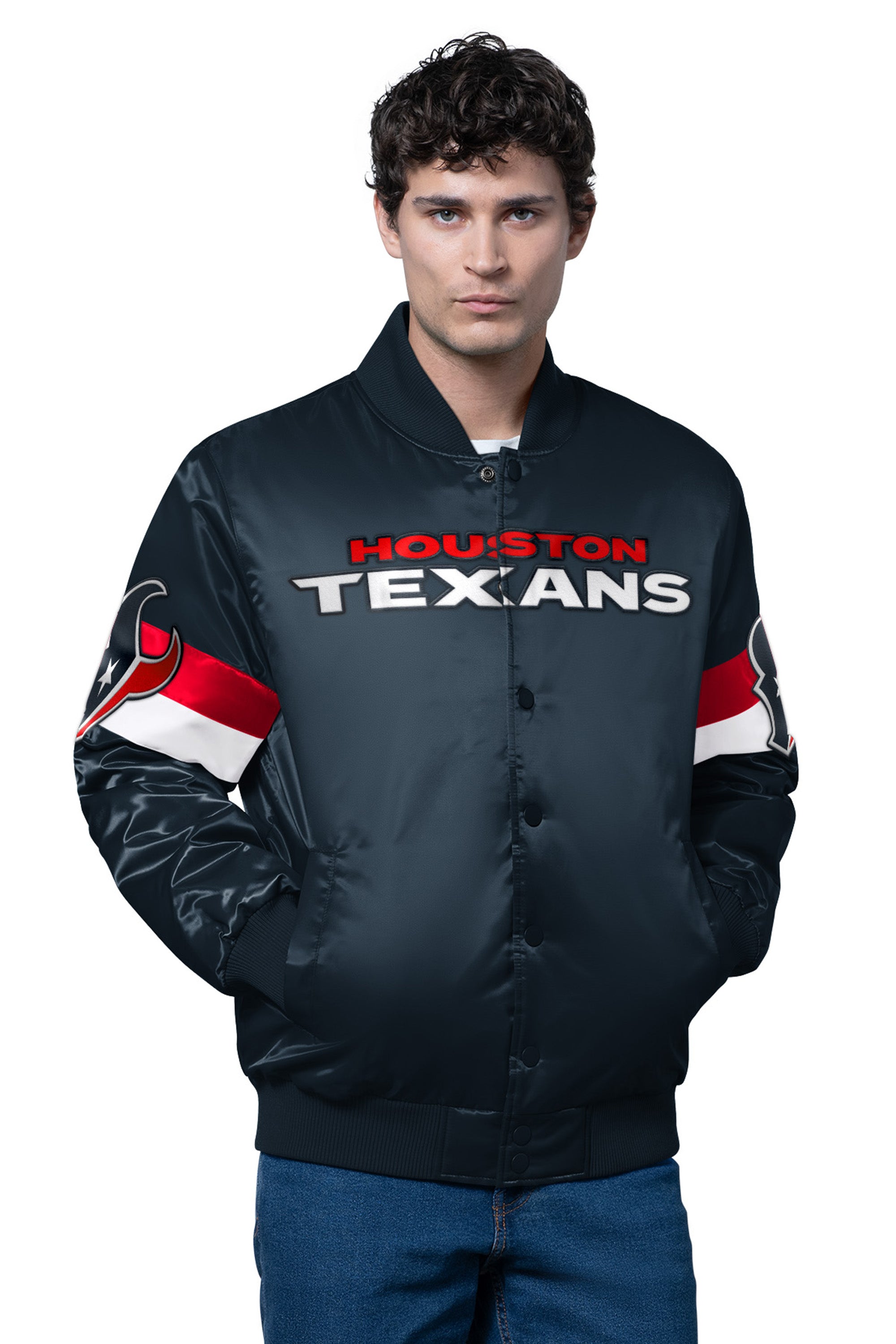 MENS HOUSTON TEXANS TRIPLE OPTION SATIN VARSITY JACKET View 1 | STARTER CLASSICS