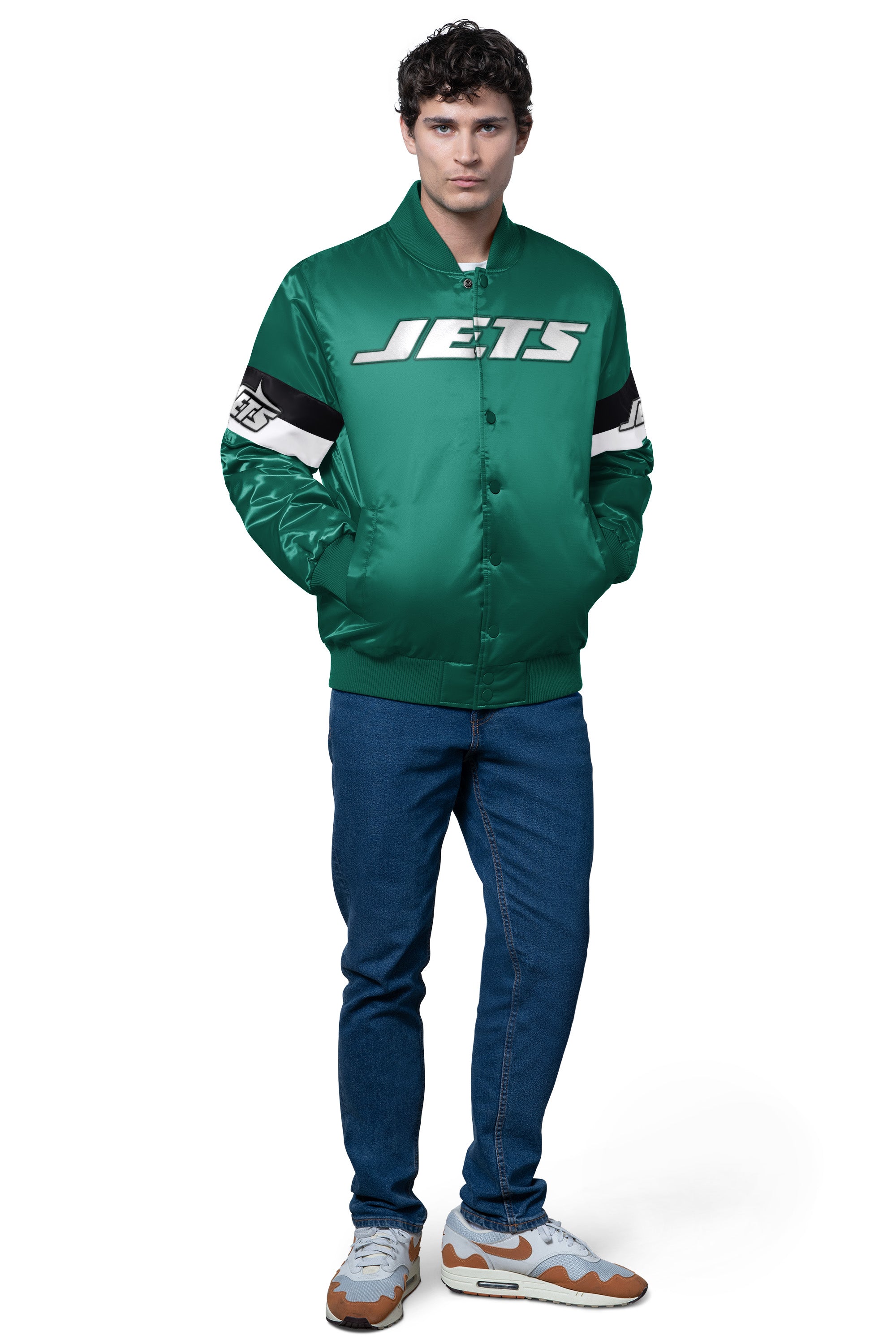 MENS NEW YORK JETS TRIPLE OPTION SATIN VARSITY JACKET View 3 | New York Jets