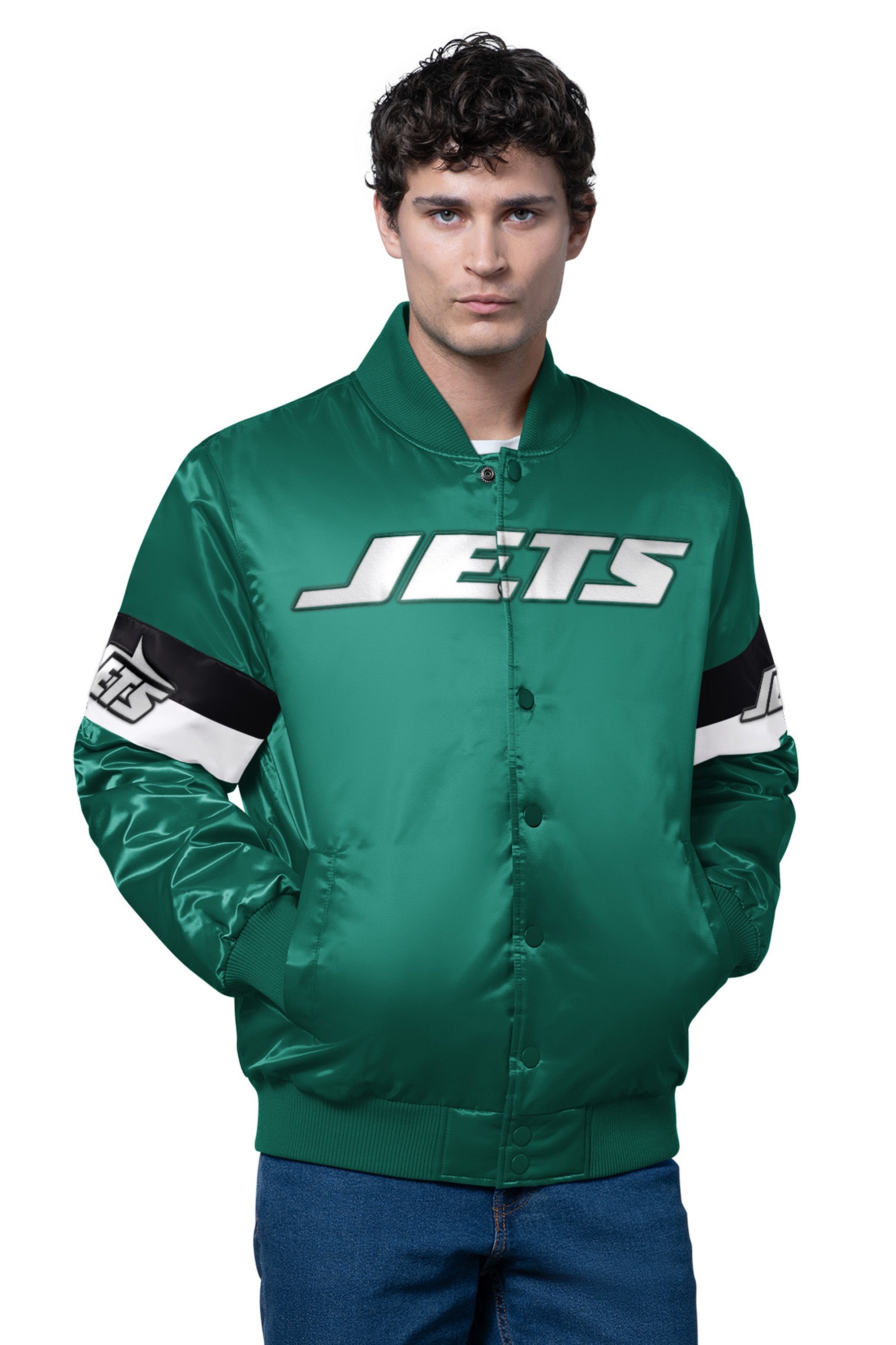MENS NEW YORK JETS TRIPLE OPTION SATIN VARSITY JACKET View 1 | New York Jets