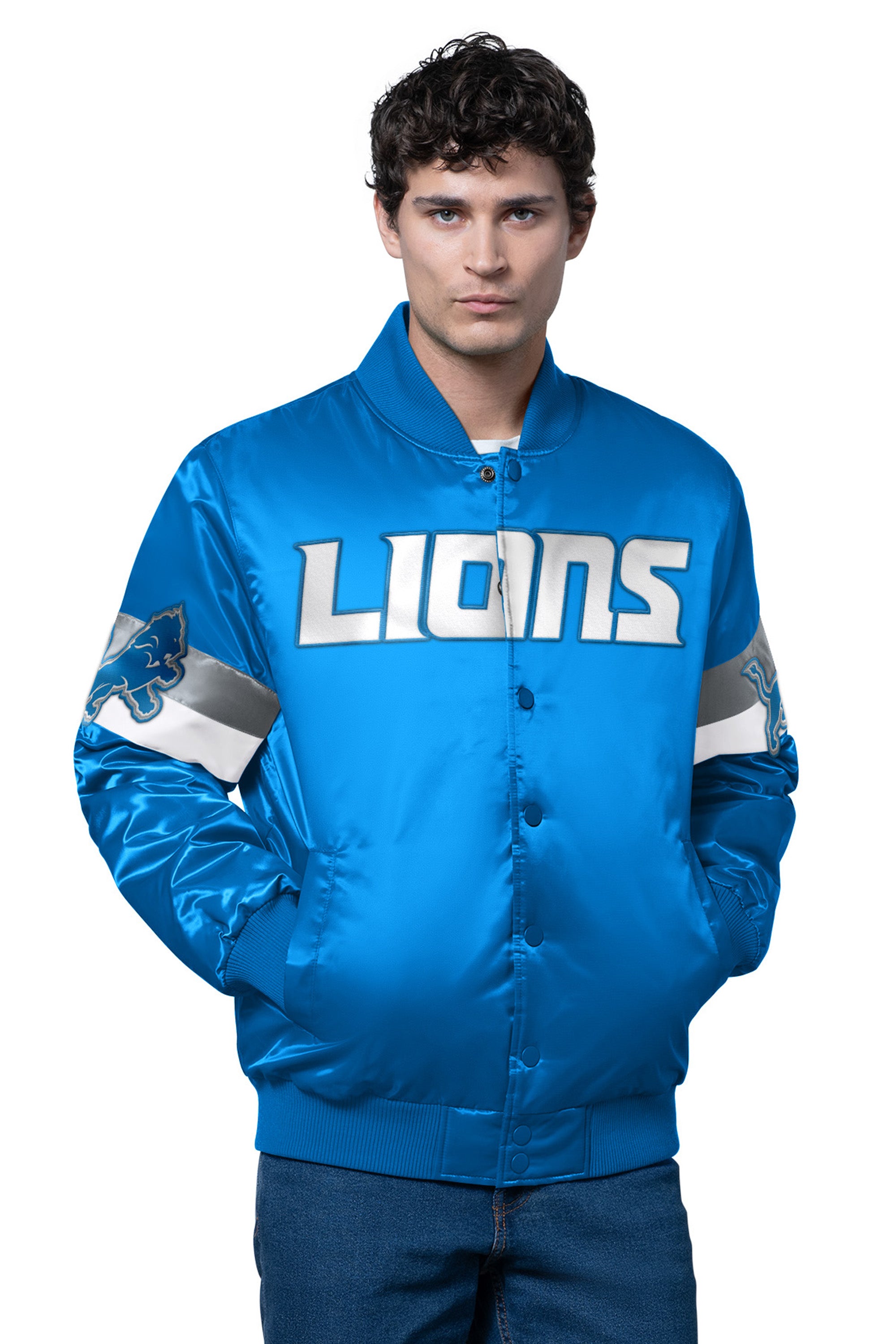 MENS DETROIT LIONS TRIPLE OPTION SATIN VARSITY JACKET View 1 | NFL MENS DETROIT LIONS TRIPLE OPTION SATIN VARSITY JACKET View 1 | NFL