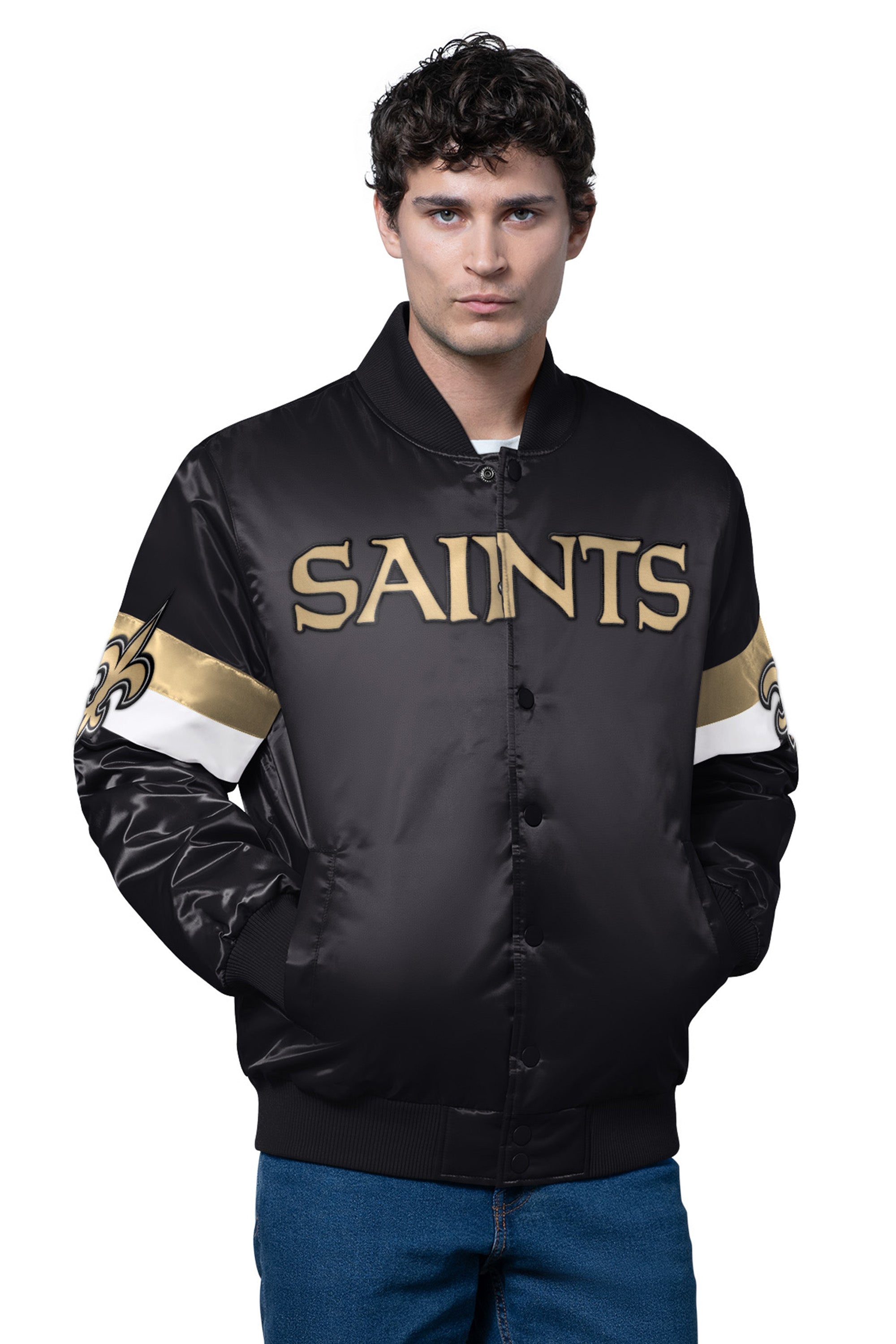 MENS NEW ORLEANS SAINTS TRIPLE OPTION SATIN VARSITY JACKET View 1 | Men's Jackets