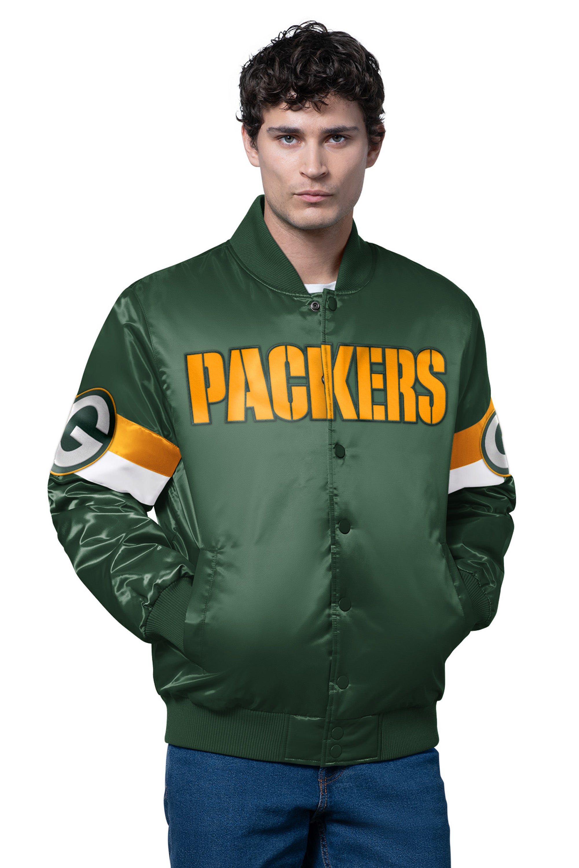 MENS GREEN BAY PACKERS TRIPLE OPTION SATIN VARSITY JACKET View 1 | NFL MENS GREEN BAY PACKERS TRIPLE OPTION SATIN VARSITY JACKET View 1 | NFL