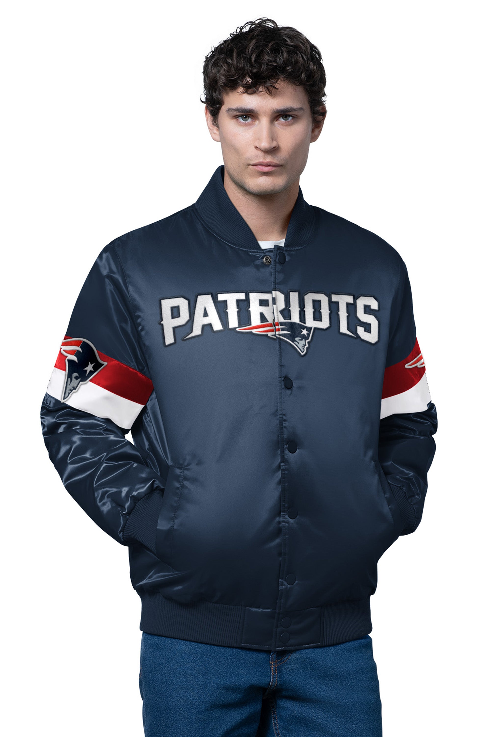 MENS NEW ENGLAND PATRIOTS TRIPLE OPTION SATIN VARSITY JACKET View 1 | New England Patriots
