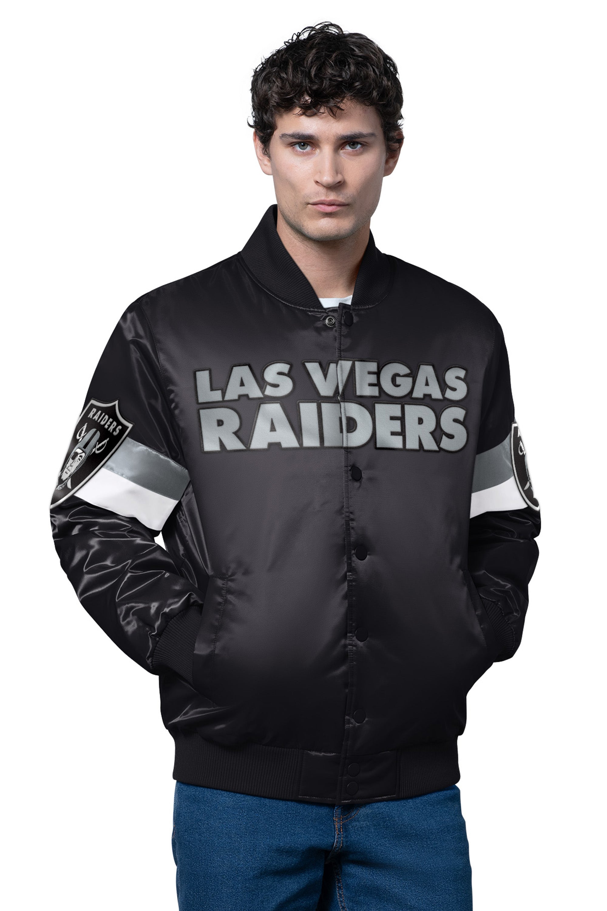 MENS LAS VEGAS RAIDERS TRIPLE OPTION SATIN VARSITY JACKET View 1 | Men's T-Shirts