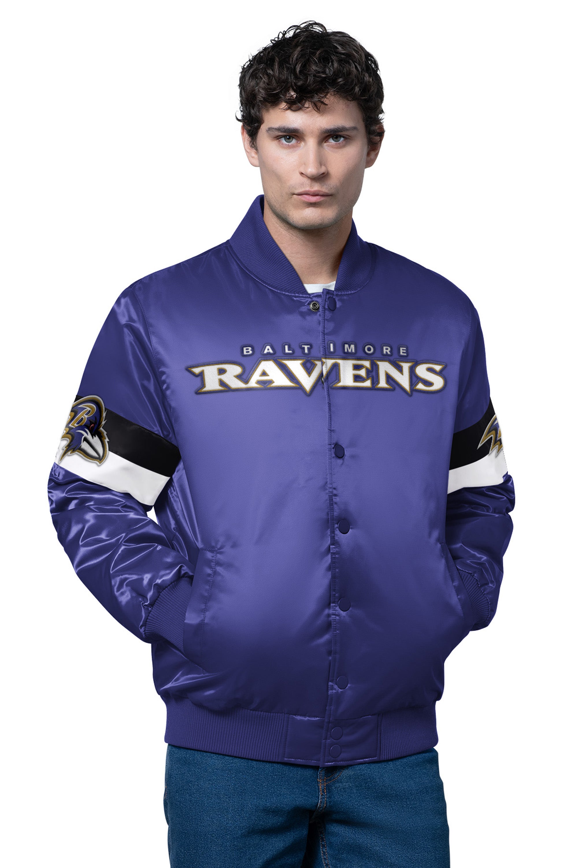 MENS BALTIMORE RAVENS TRIPLE OPTION SATIN VARSITY JACKET View 1 | NFL MENS BALTIMORE RAVENS TRIPLE OPTION SATIN VARSITY JACKET View 1 | NFL