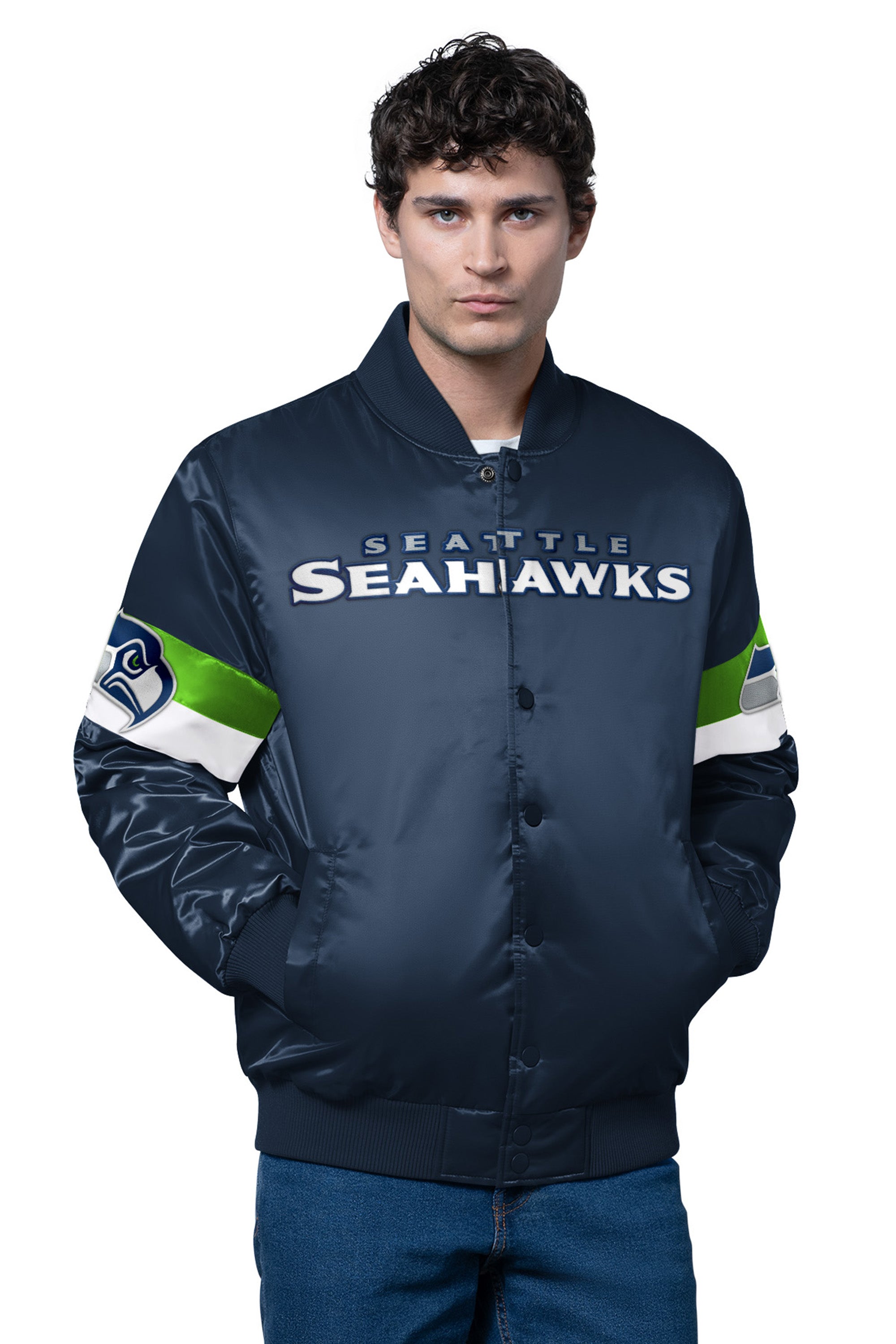 MENS SEATTLE SEAHAWKS TRIPLE OPTION SATIN VARSITY JACKET View 1 | Men's Jackets