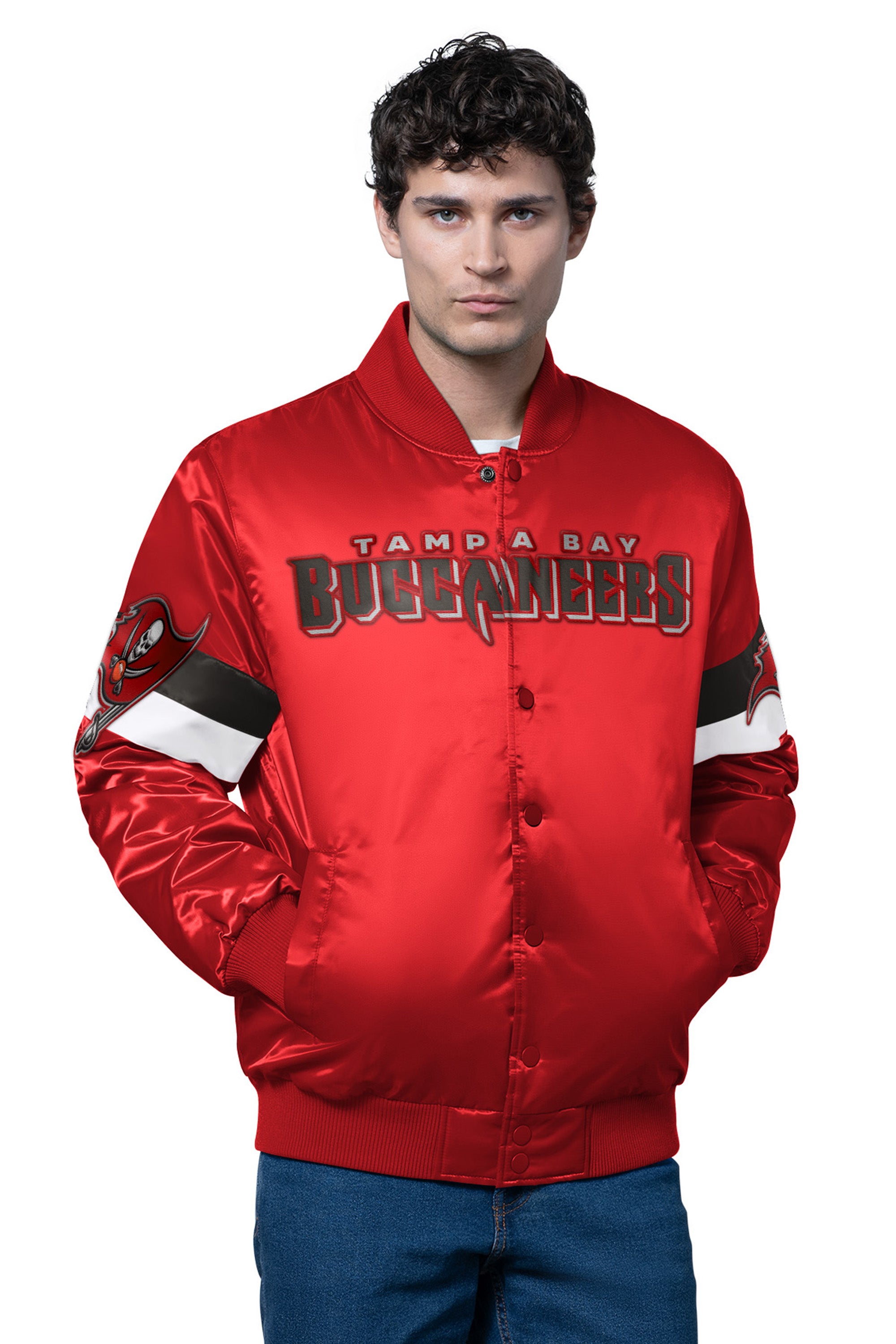 MENS TAMPA BAY BUCCANEERS TRIPLE OPTION SATIN VARSITY JACKET View 1 | Men's Jackets