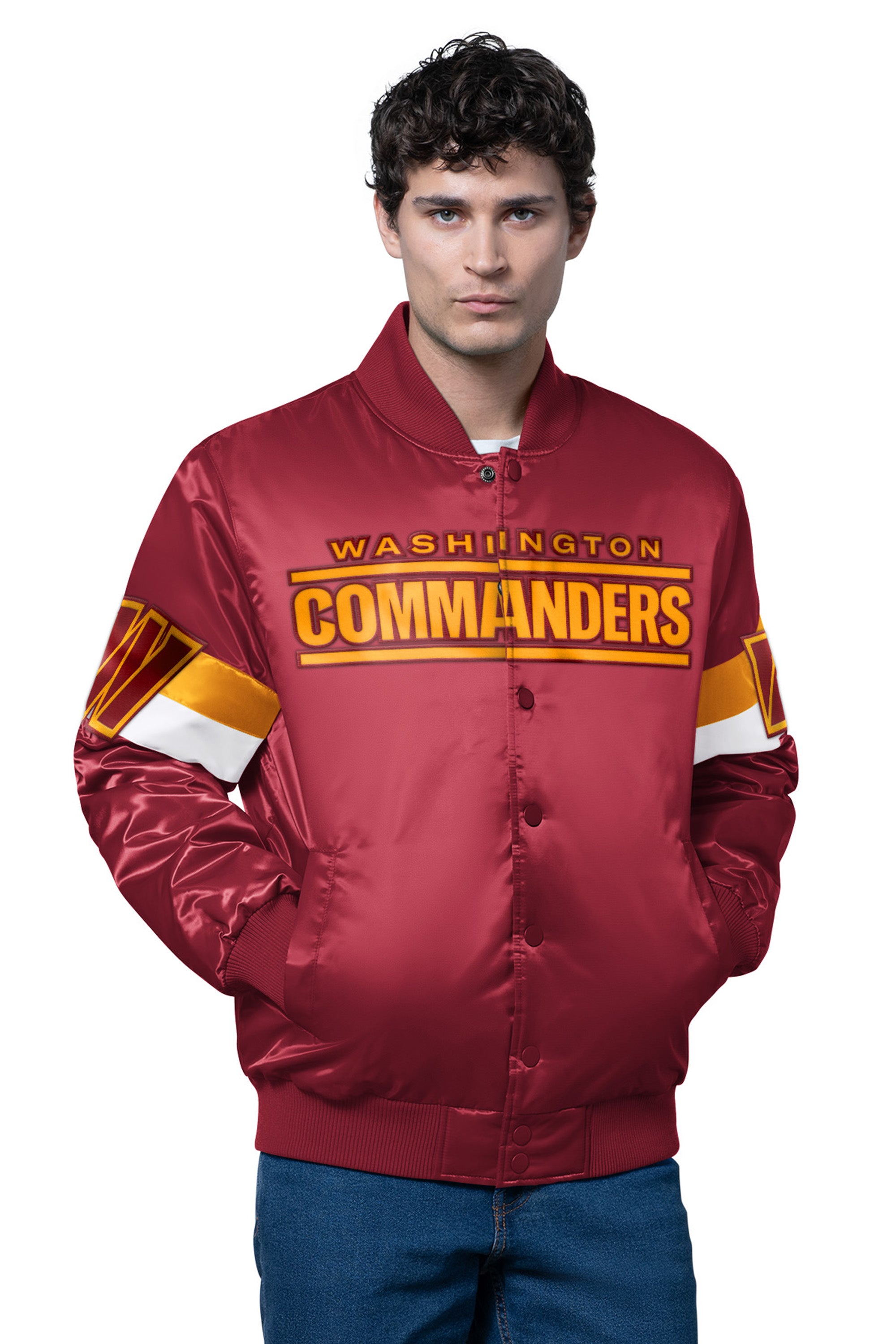 MENS WASHINGTON COMMANDERS TRIPLE OPTION SATIN VARSITY JACKET View 1 | NFL MENS WASHINGTON COMMANDERS TRIPLE OPTION SATIN VARSITY JACKET View 1 | NFL