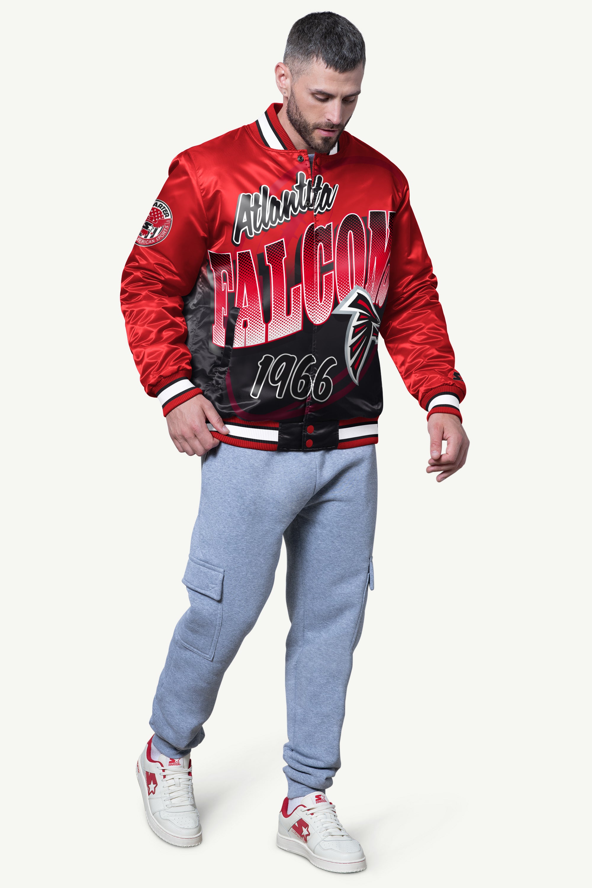 MENS ATLANTA FALCONS PASS RUSH SATIN VARSITY JACKET View 3 | Atlanta Falcons
