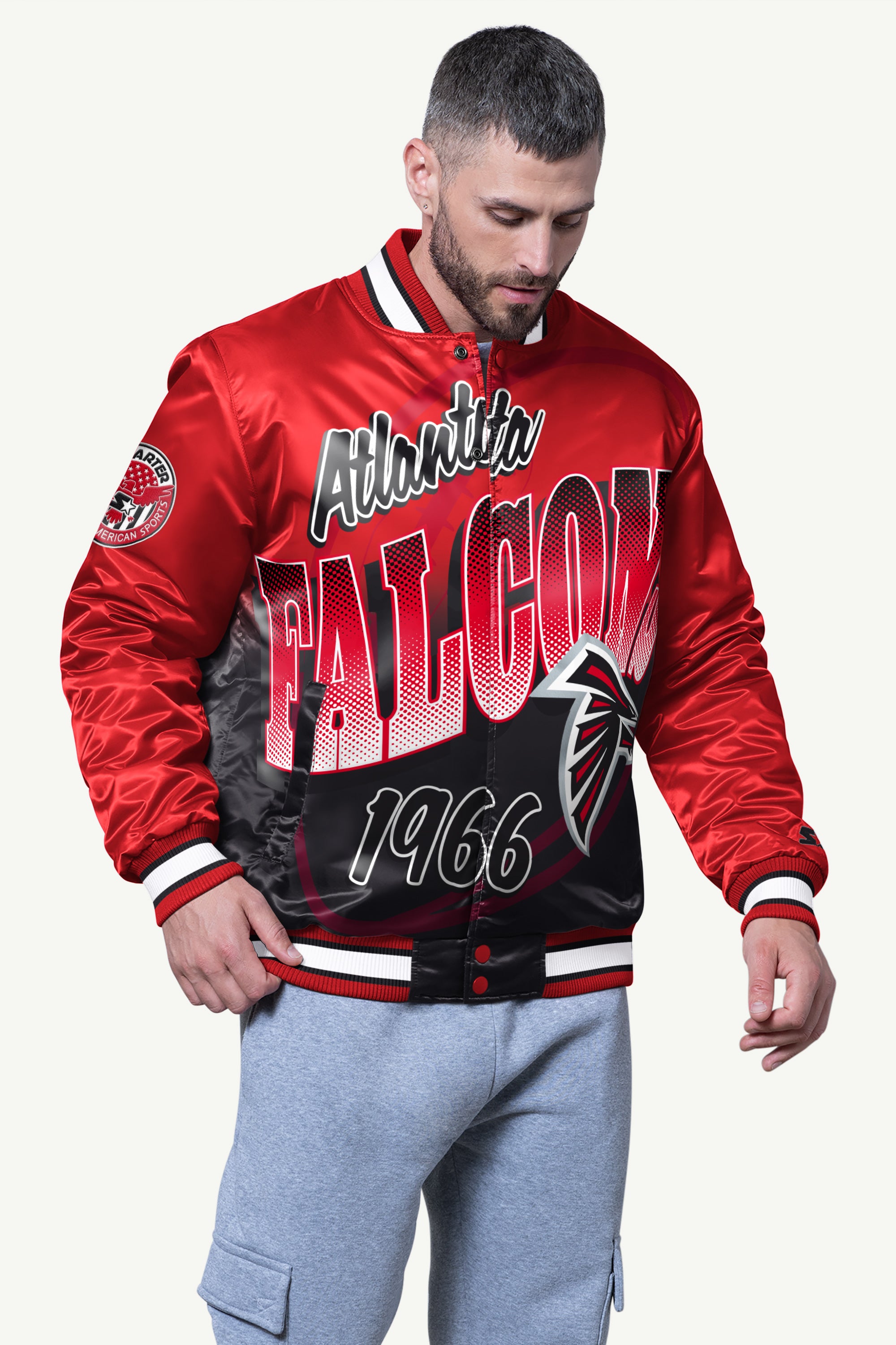 MENS ATLANTA FALCONS PASS RUSH SATIN VARSITY JACKET View 1 | Atlanta Falcons