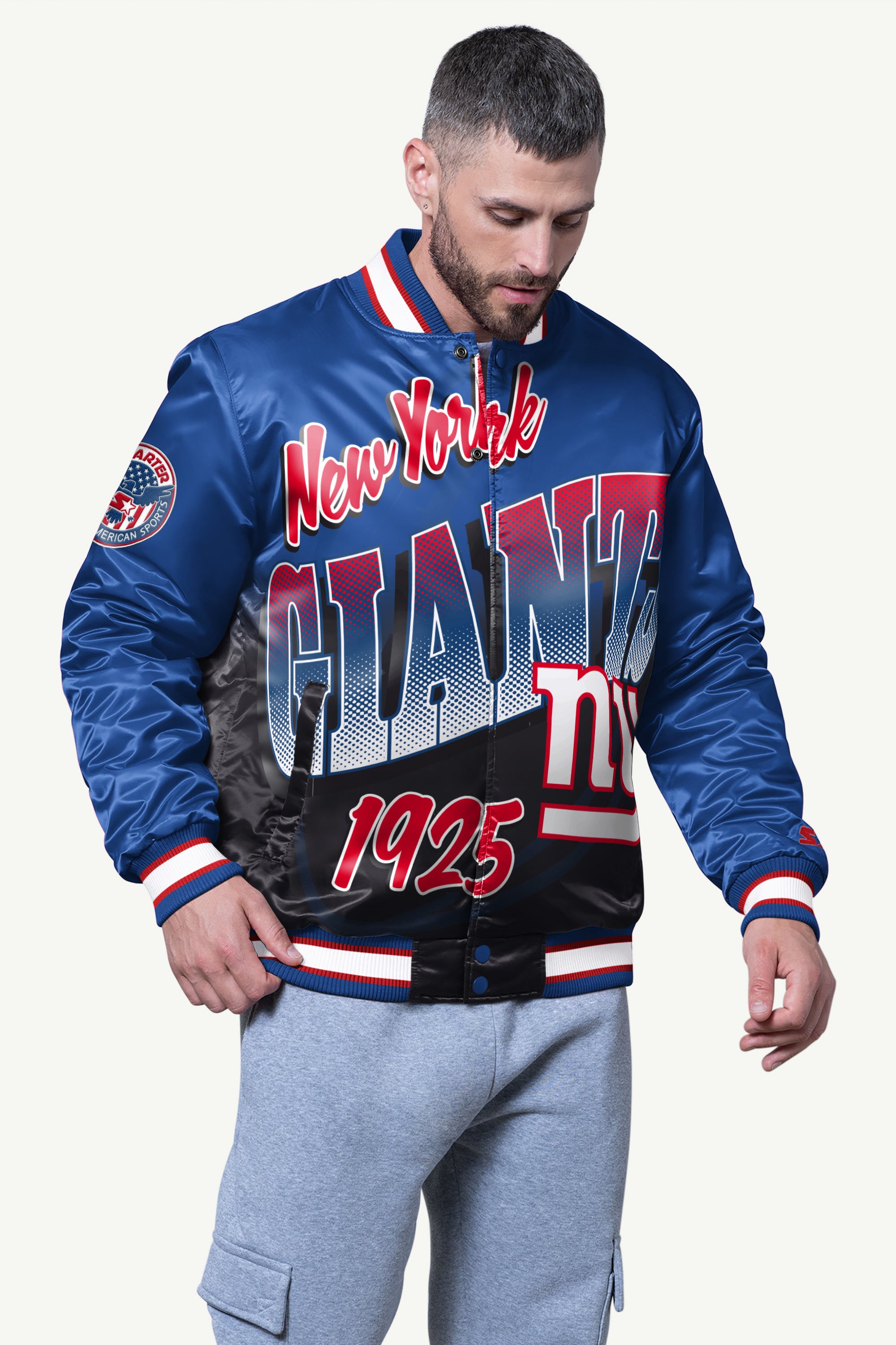 MENS NEW YORK GIANTS PASS RUSH SATIN VARSITY JACKET View 1 | New York Giants