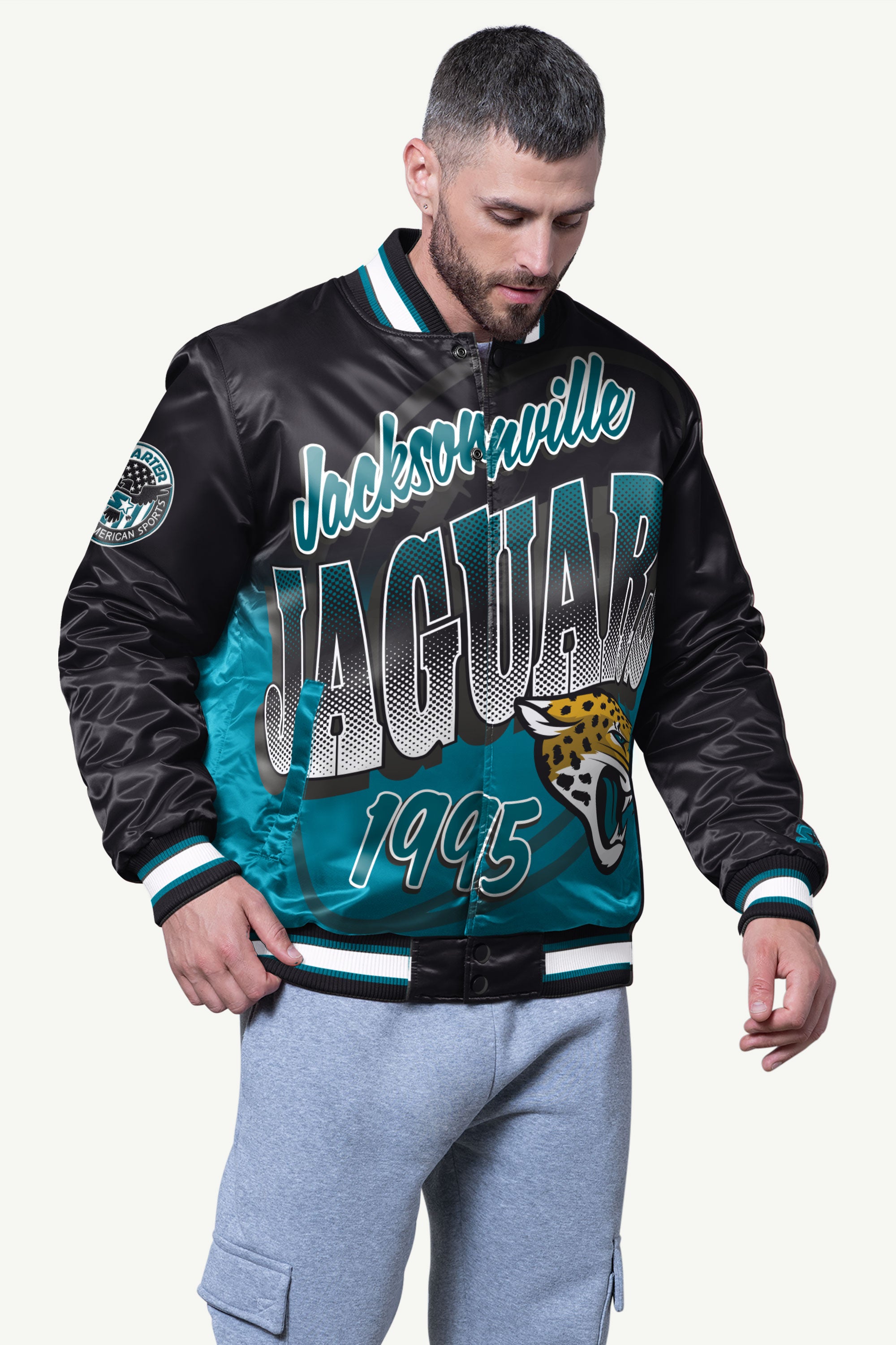 MENS JACKSONVILLE JAGUARS PASS RUSH SATIN VARSITY JACKETS View 1