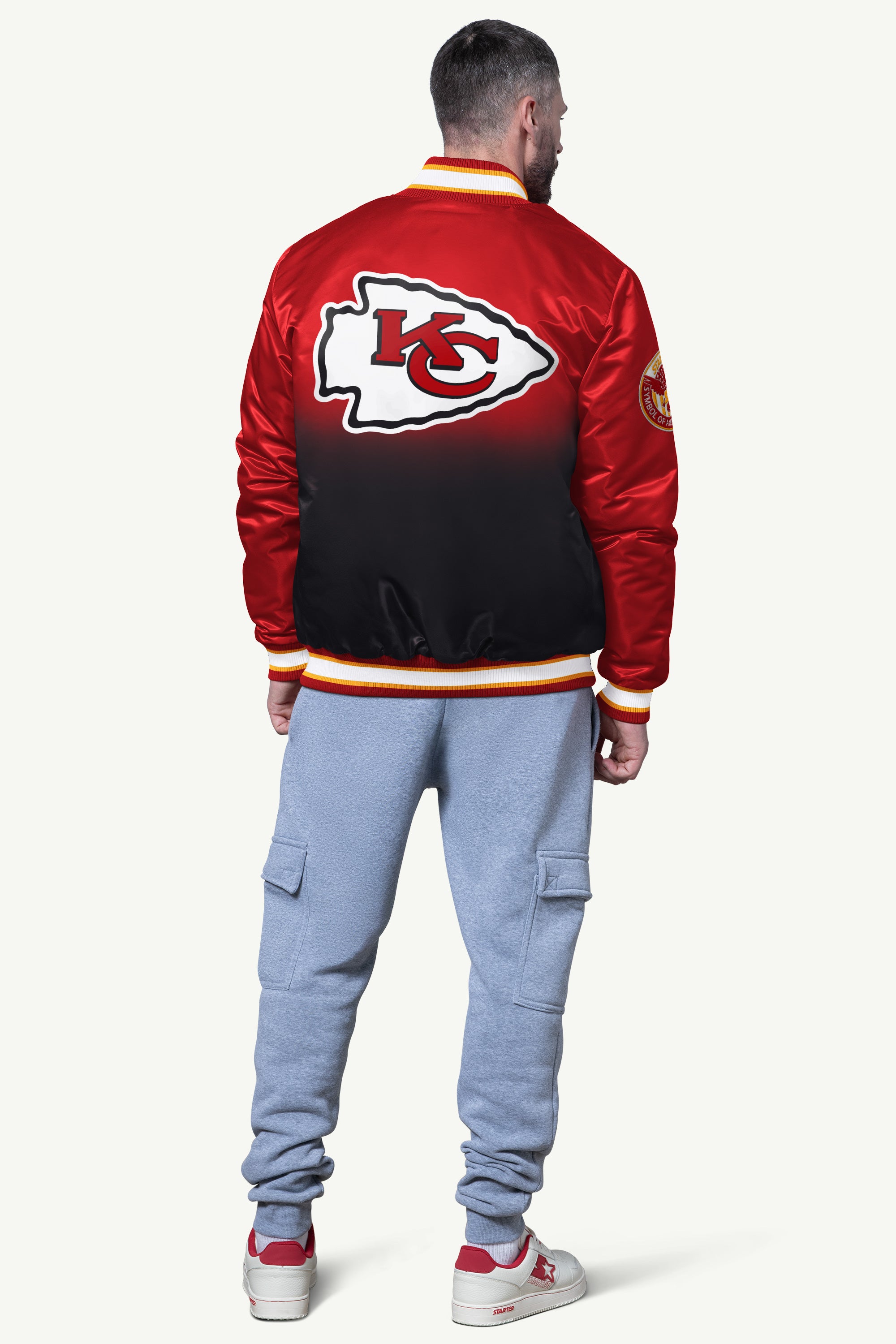 MENS KANSAS CITY CHIEFS PASS RUSH SATIN VARSITY JACKET View 2 | Kansas City Chiefs