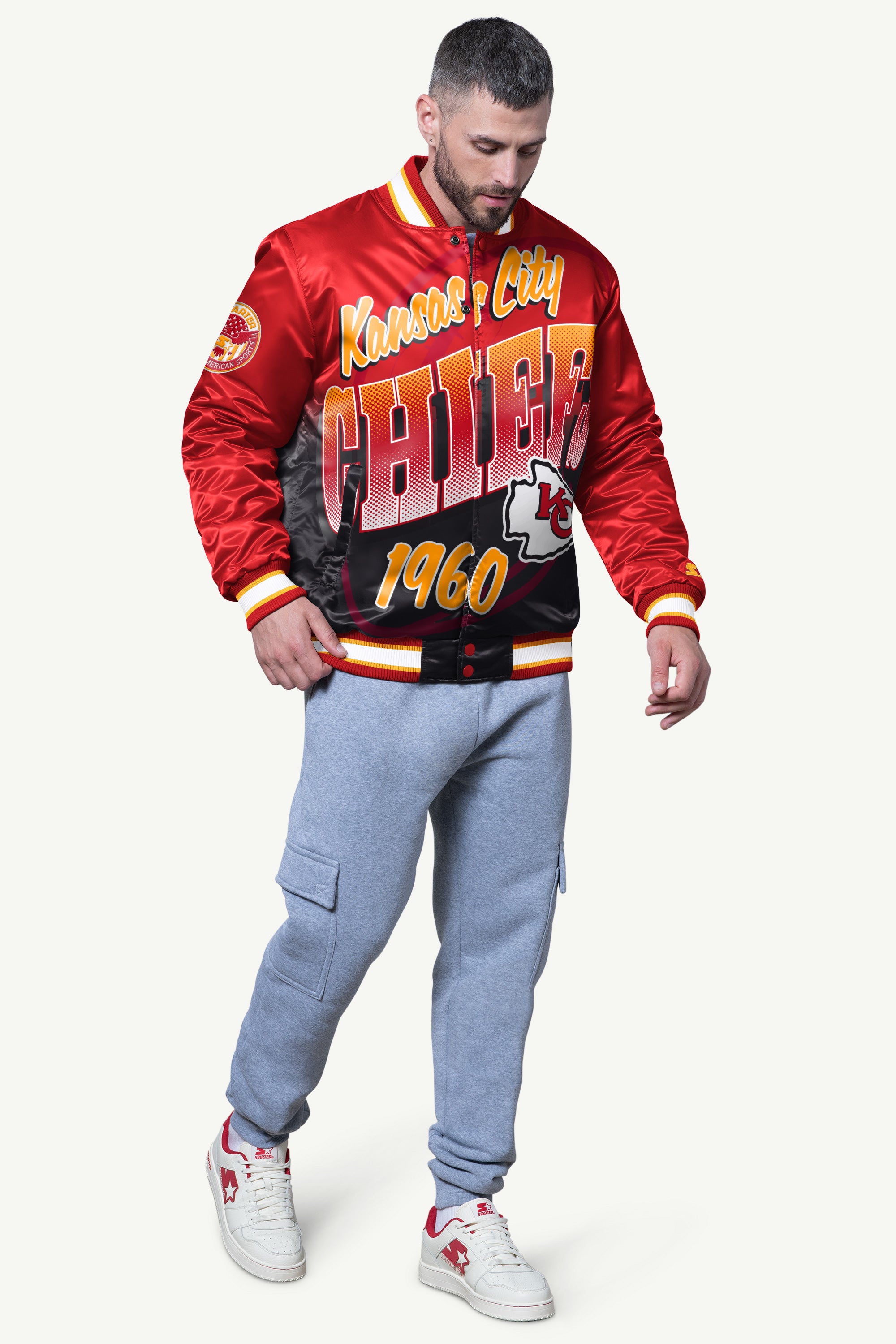 MENS KANSAS CITY CHIEFS PASS RUSH SATIN VARSITY JACKET View 3 | Kansas City Chiefs