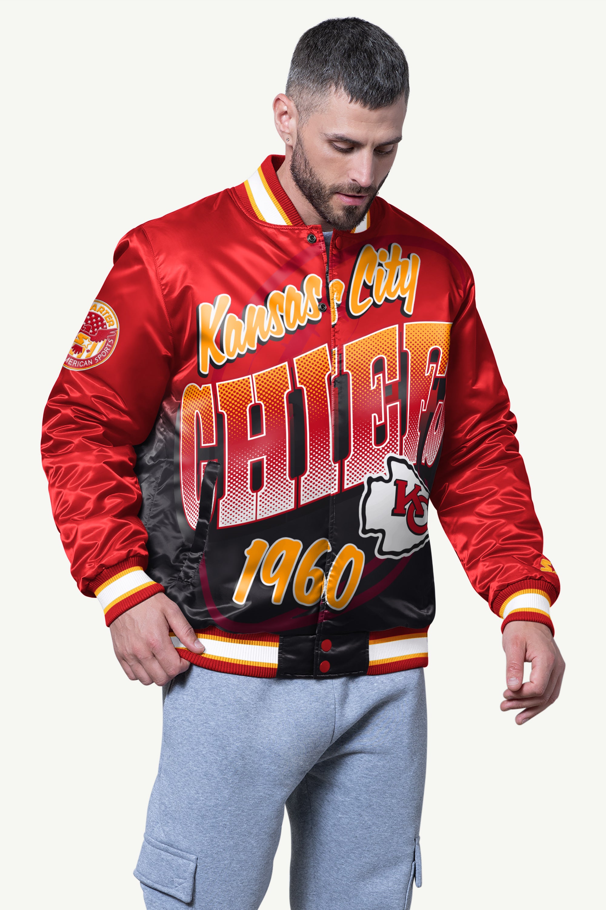MENS KANSAS CITY CHIEFS PASS RUSH SATIN VARSITY JACKET View 1 | Kansas City Chiefs