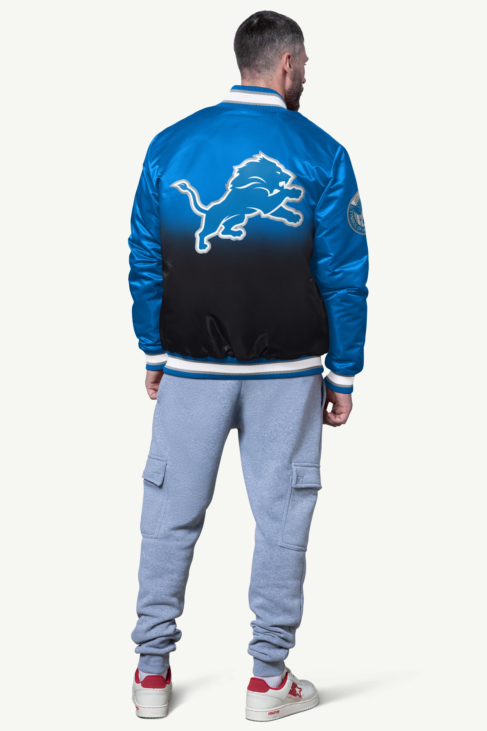 MENS DETROIT LIONS PASS RUSH SATIN VARSITY JACKET View 2 | Detroit Lions
