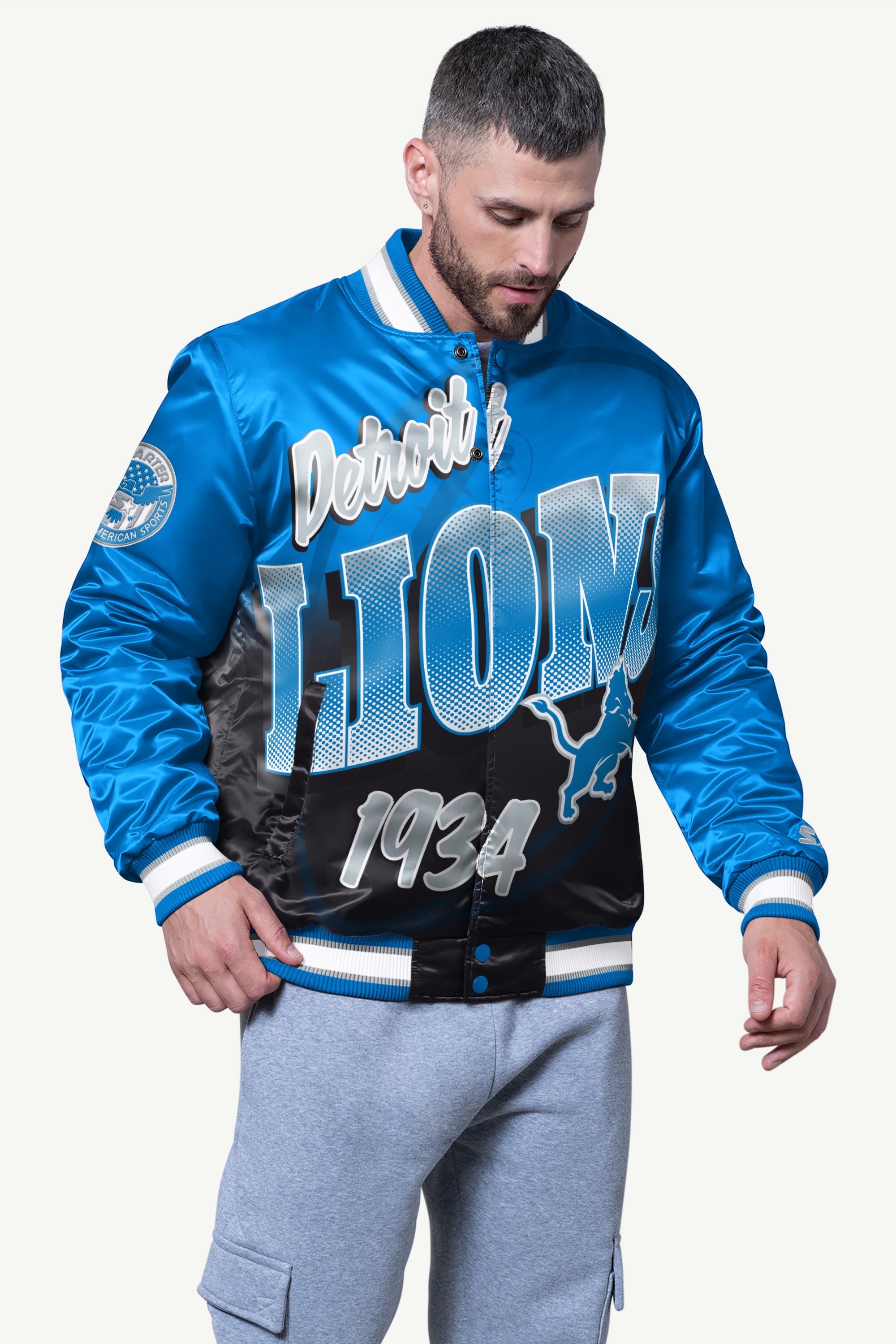 MENS DETROIT LIONS PASS RUSH SATIN VARSITY JACKET View 1 | Detroit Lions