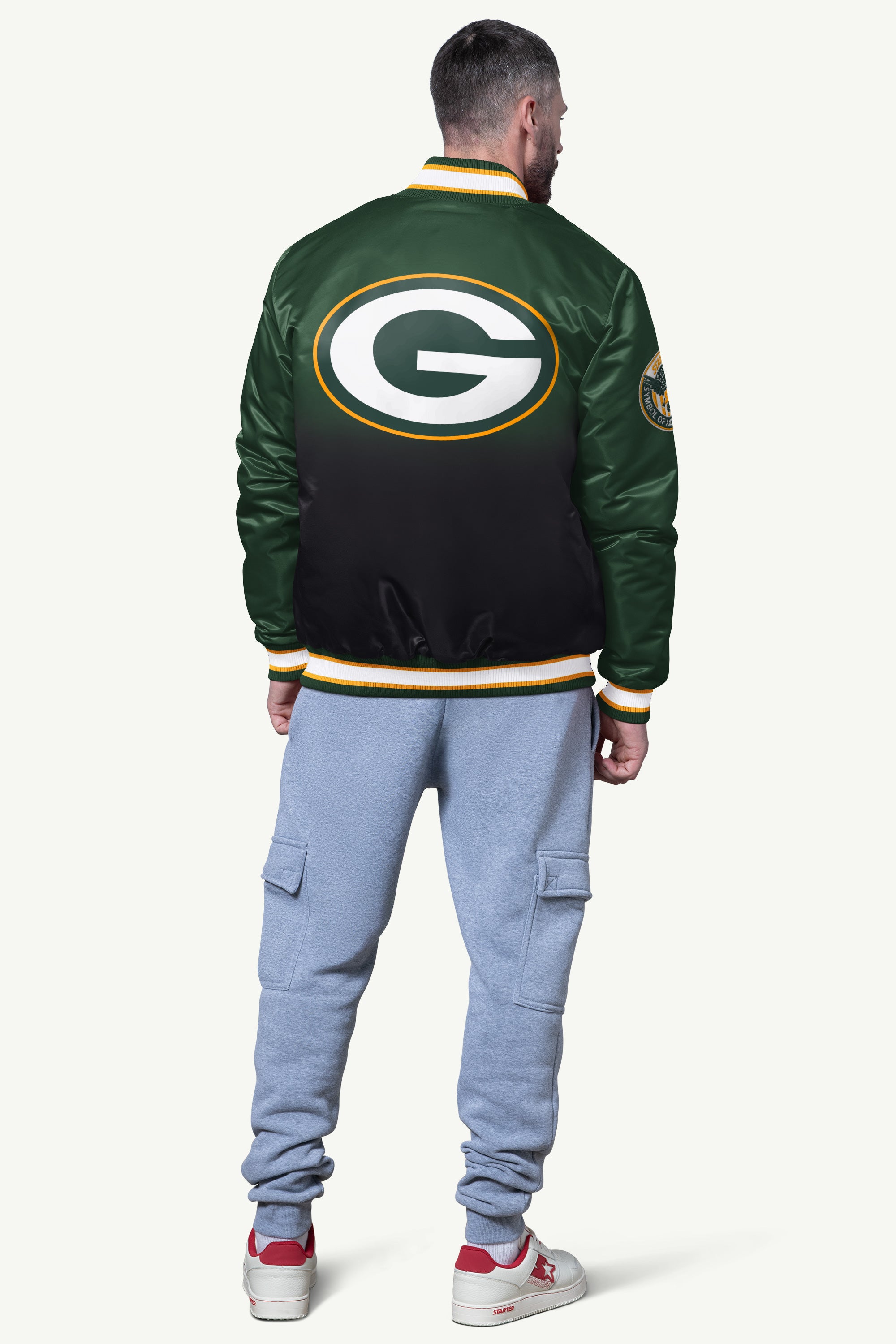 MENS GREEN BAY PACKERS PASS RUSH SATIN VARSITY JACKET View 2 | STARTER CLASSICS