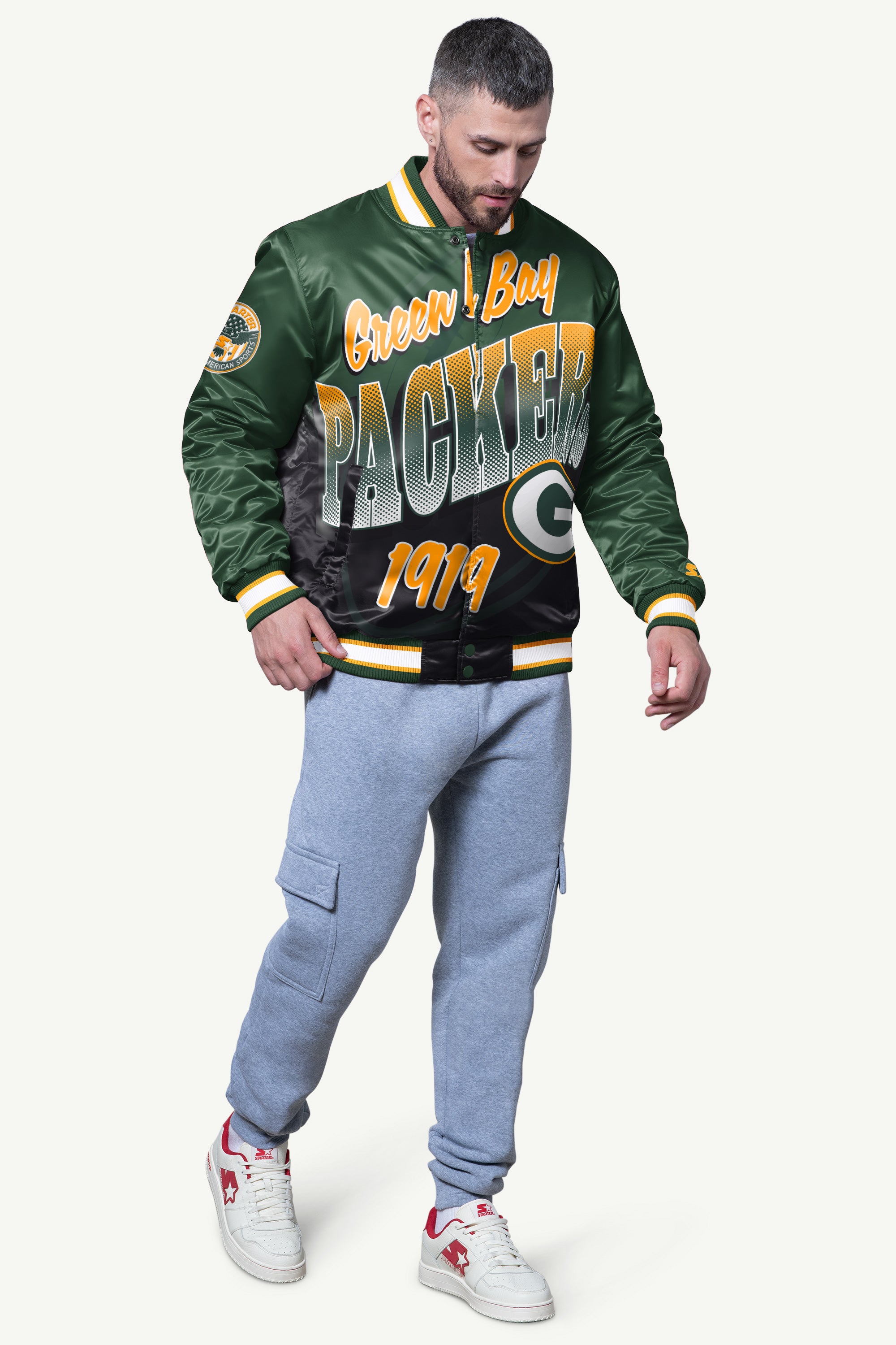 MENS GREEN BAY PACKERS PASS RUSH SATIN VARSITY JACKET View 3 | STARTER CLASSICS