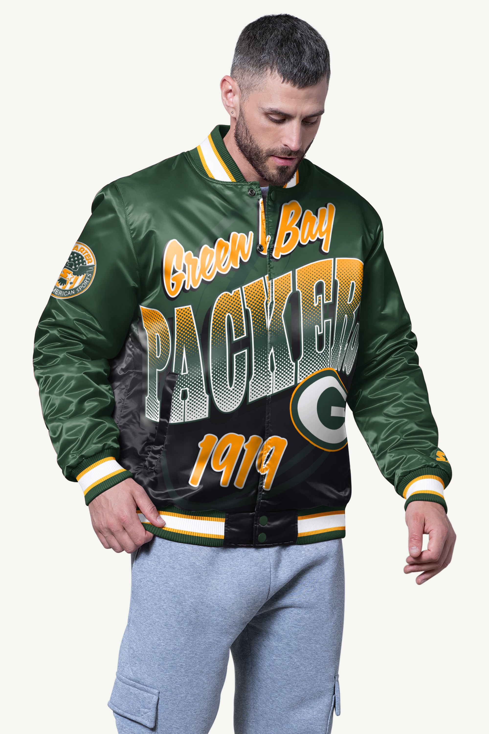 MENS GREEN BAY PACKERS PASS RUSH SATIN VARSITY JACKET View 1 | STARTER CLASSICS