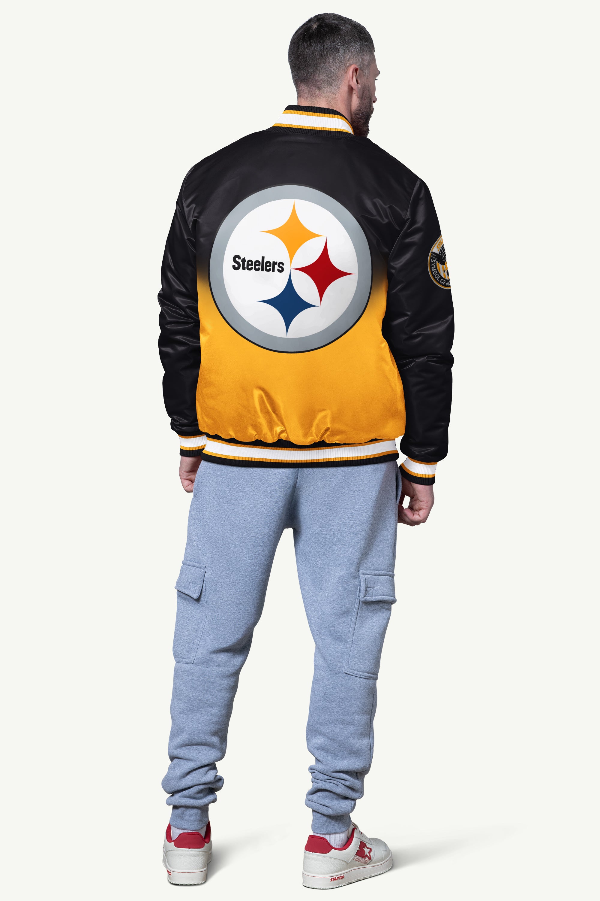 MENS PITTSBURGH STEELERS PASS RUSH SATIN VARSITY JACKET View 2 | Pittsburgh Steelers