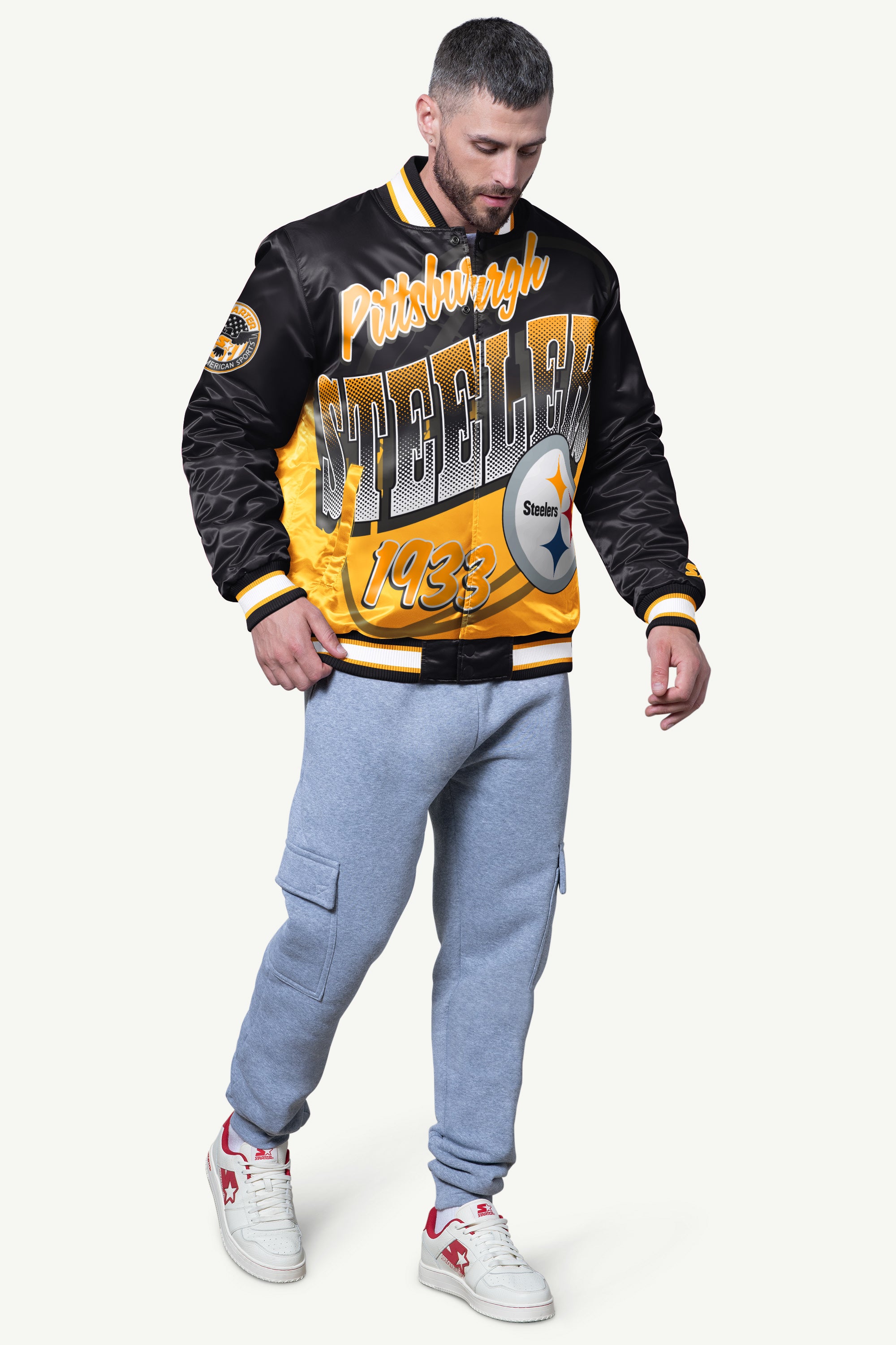 MENS PITTSBURGH STEELERS PASS RUSH SATIN VARSITY JACKET View 3 | Pittsburgh Steelers