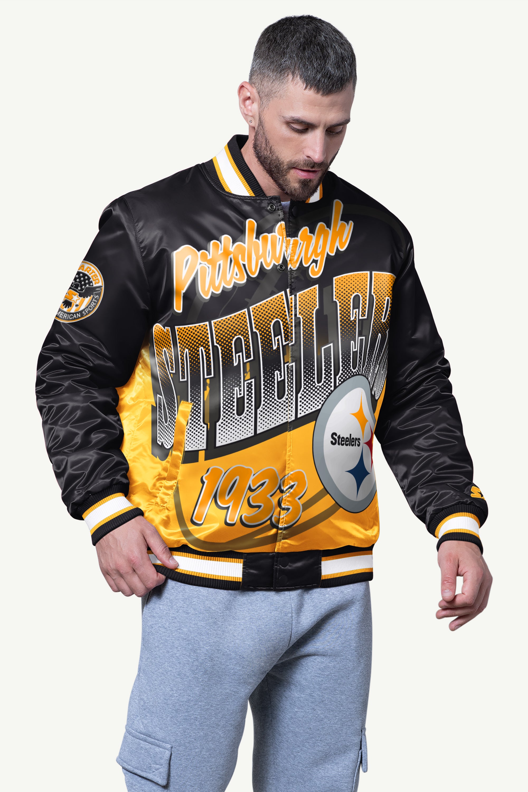 MENS PITTSBURGH STEELERS PASS RUSH SATIN VARSITY JACKET View 1 | Pittsburgh Steelers