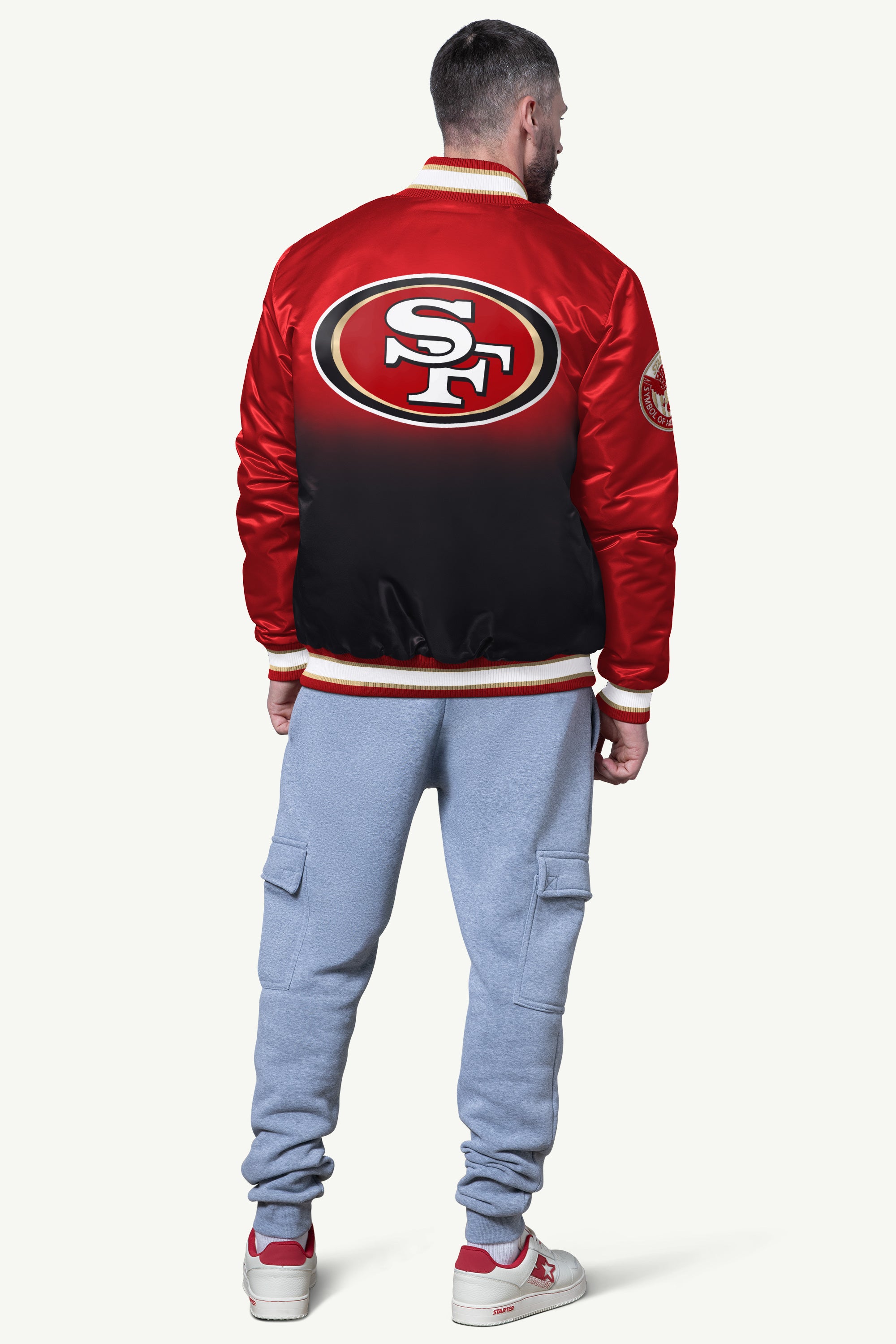 MENS SAN FRANCISCO 49ERS PASS RUSH SATIN VARSITY JACKET View 2 | San Francisco 49ers