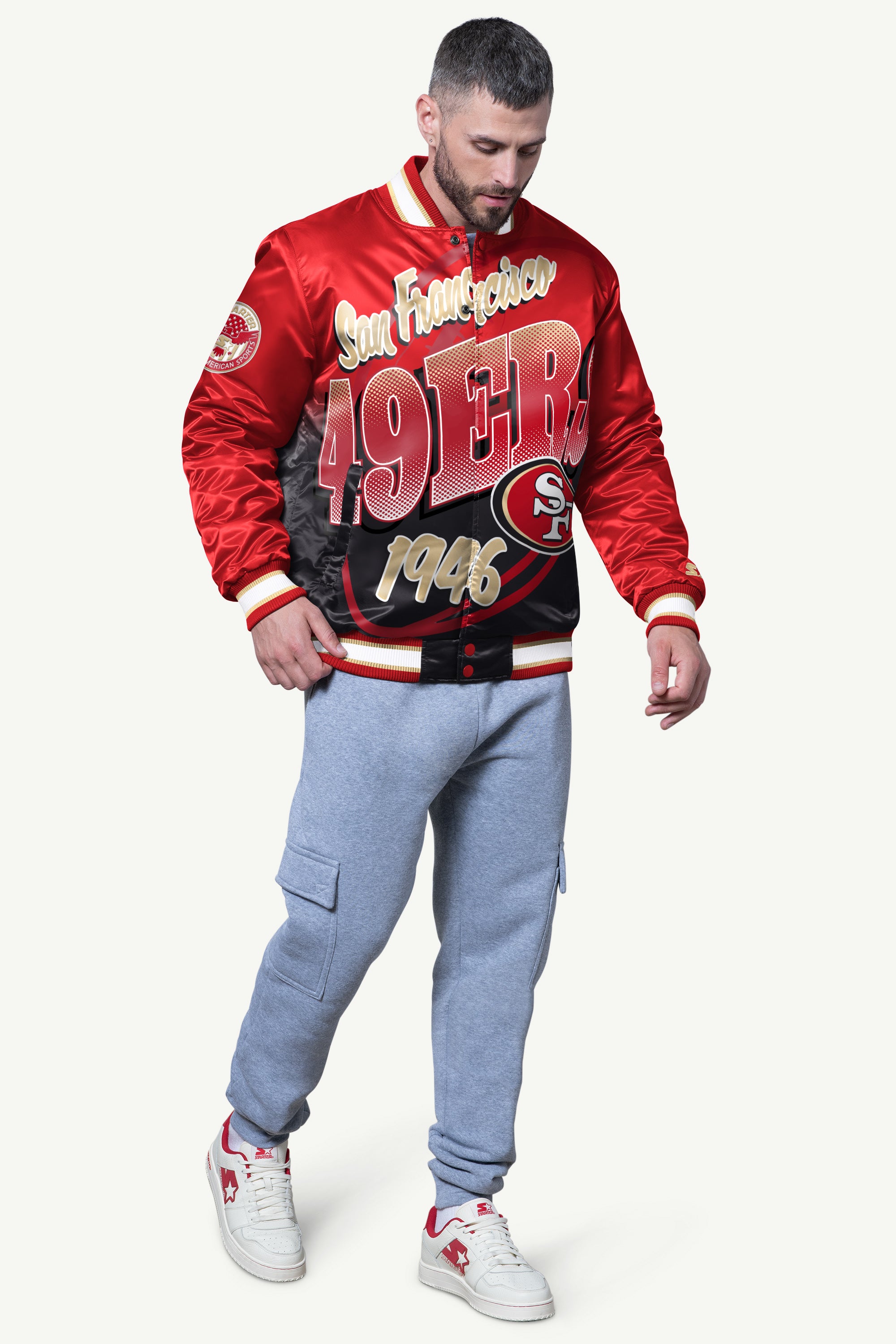 MENS SAN FRANCISCO 49ERS PASS RUSH SATIN VARSITY JACKET View 3 | San Francisco 49ers
