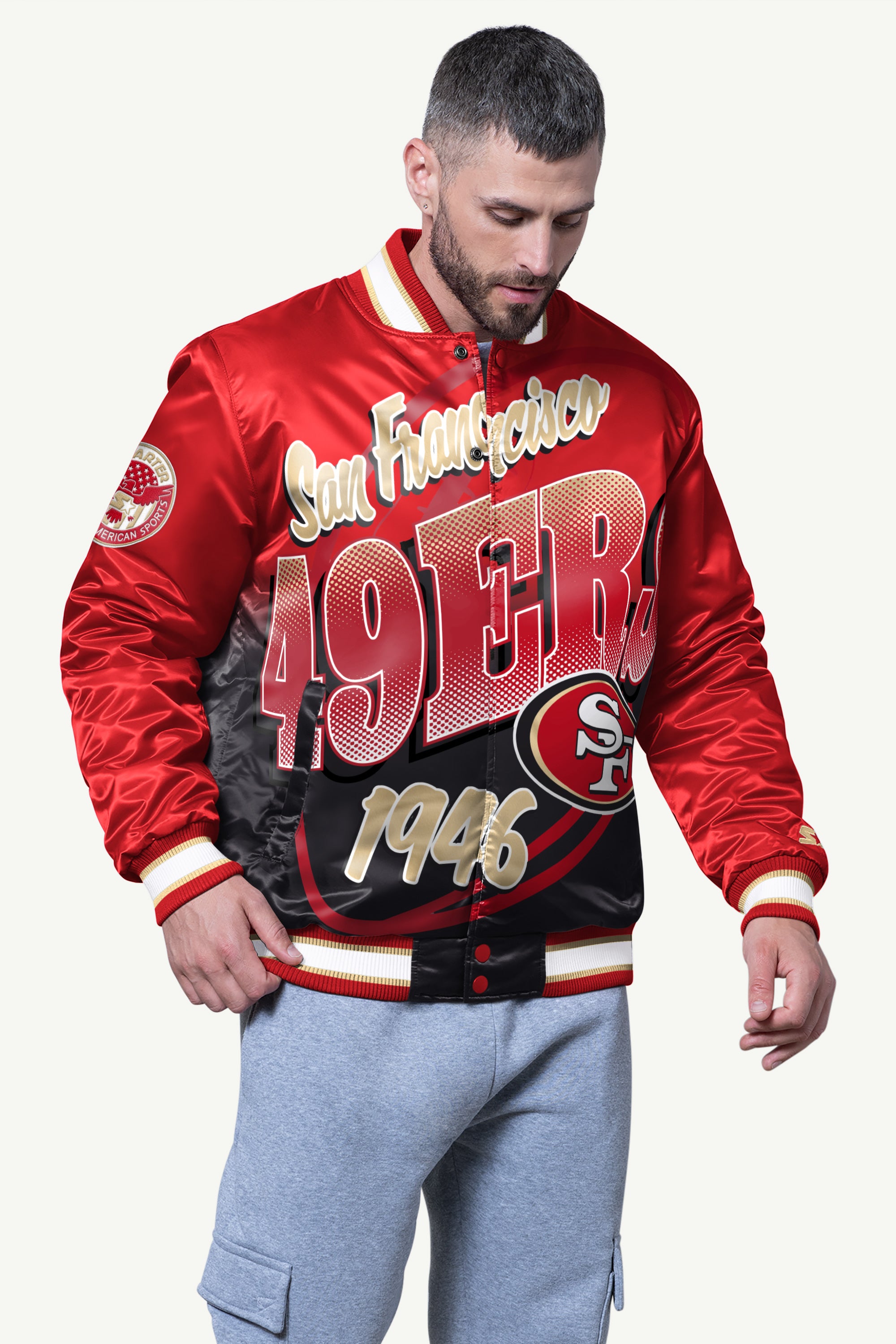 MENS SAN FRANCISCO 49ERS PASS RUSH SATIN VARSITY JACKET View 1 | San Francisco 49ers