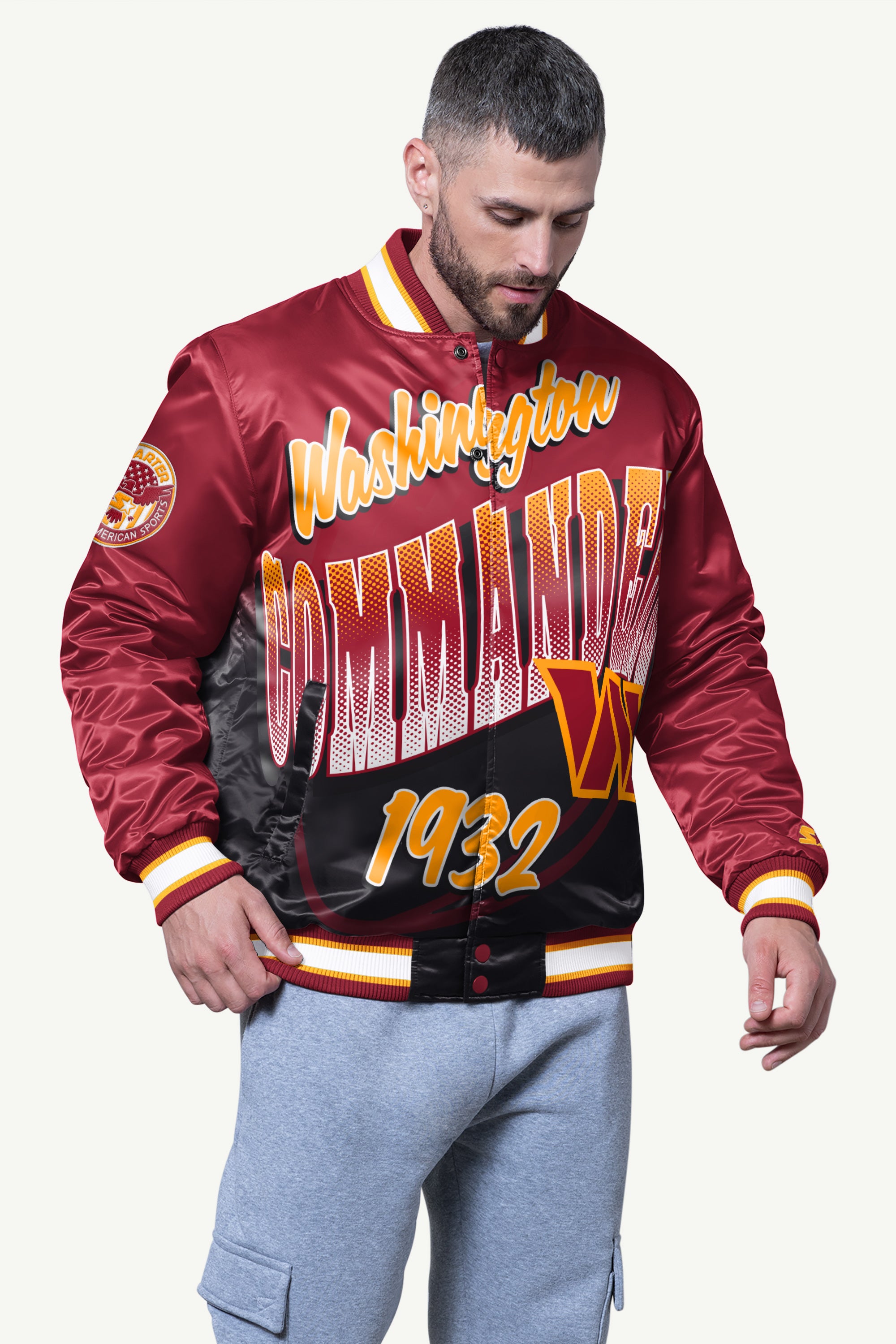 MENS WASHINGTON COMMANDERS PASS RUSH SATIN VARSITY JACKET View 1 | Mens Pullovers