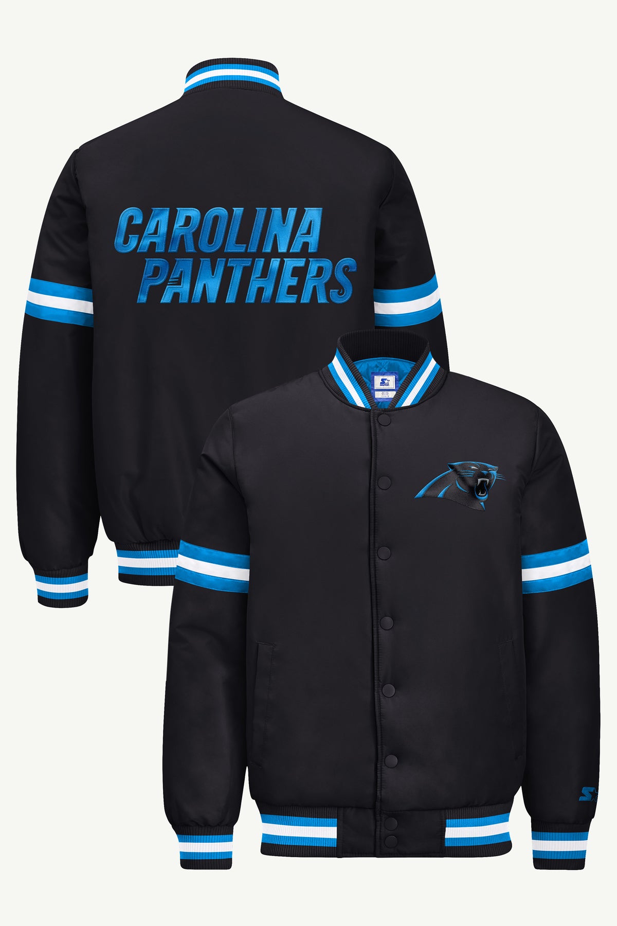 MENS CAROLINA PANTHERS COURTSIDE SATIN VARSITY JACKET View 1