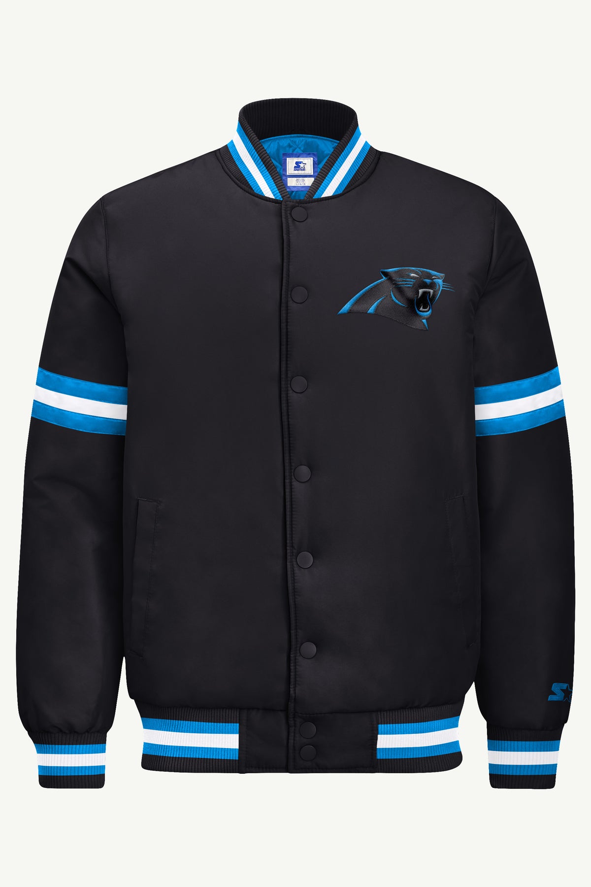 MENS CAROLINA PANTHERS COURTSIDE SATIN VARSITY JACKET View 2