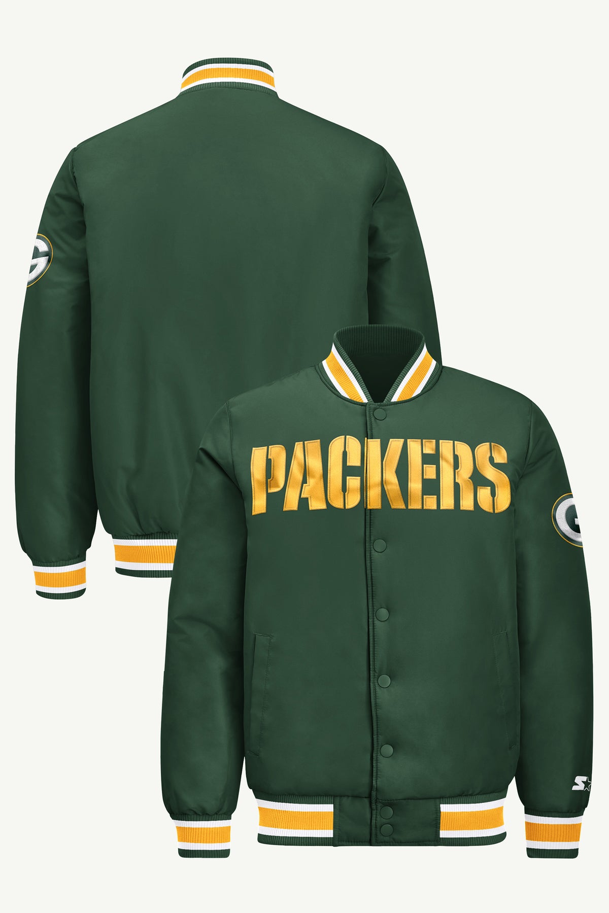 MENS GREEN BAY PACKERS ACROSS SATIN VARSITY JACKET View 1 | STARTER JACKETS