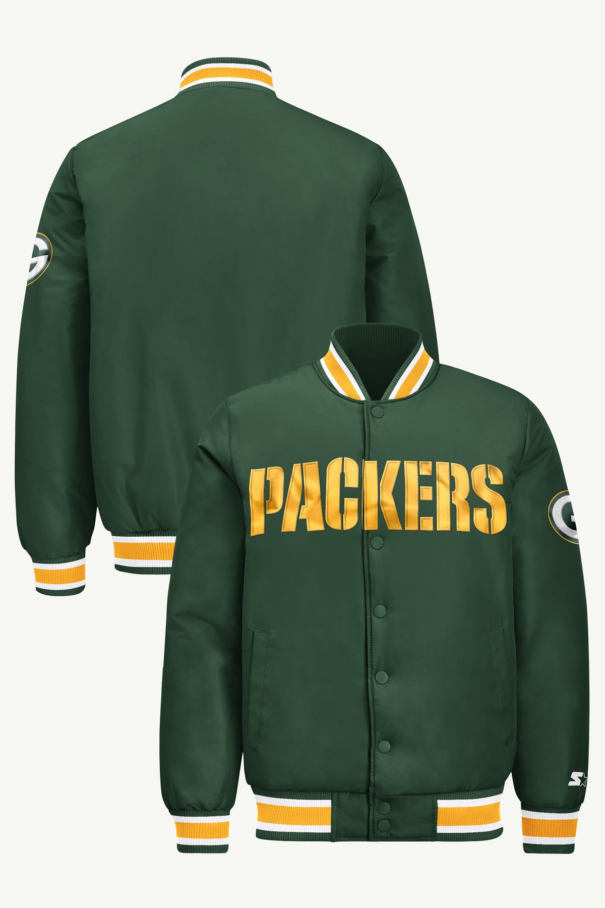 MENS GREEN BAY PACKERS ACROSS SATIN VARSITY JACKET View 1 | Men's Starter Jackets
