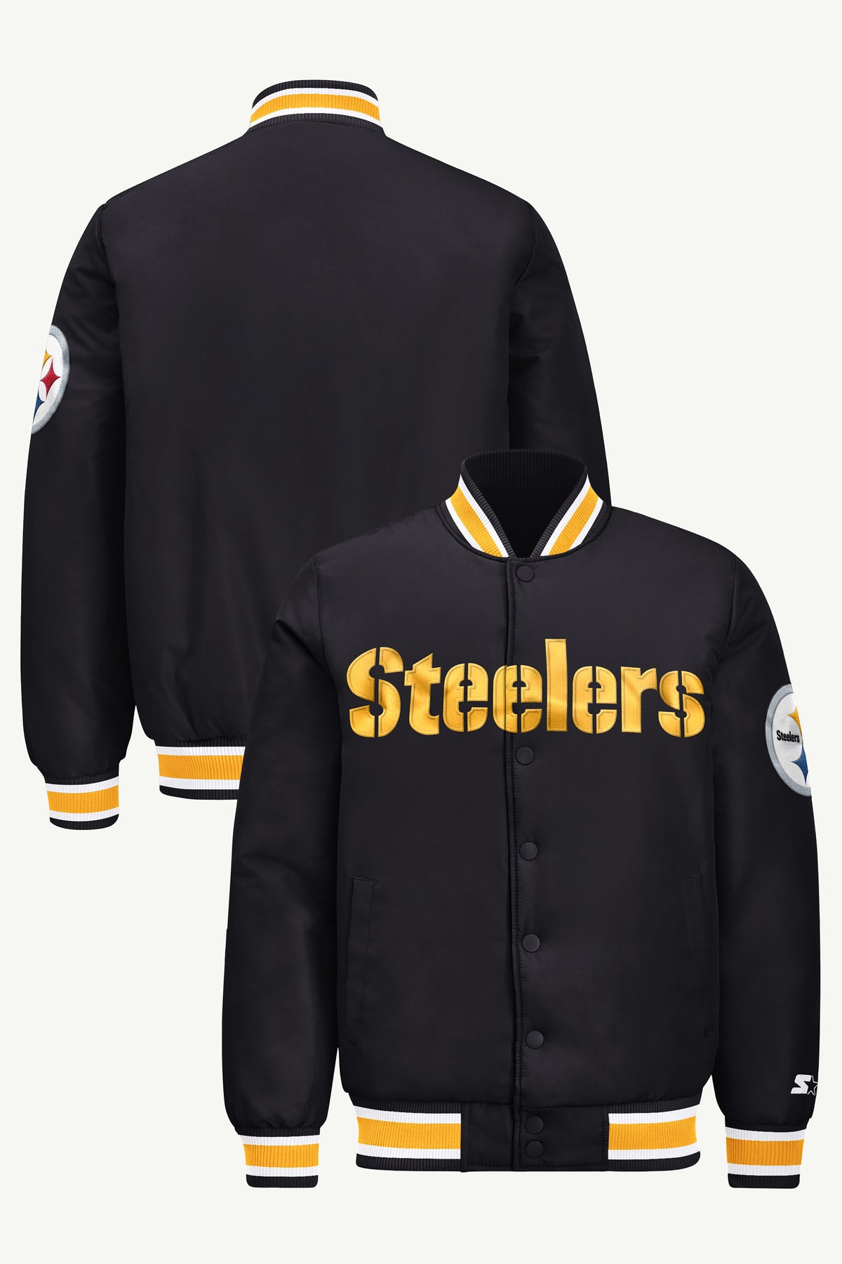 MENS PITTSBURGH STEELERS ACROSS SATIN VARSITY JACKET View 1 | Men's Starter Jackets