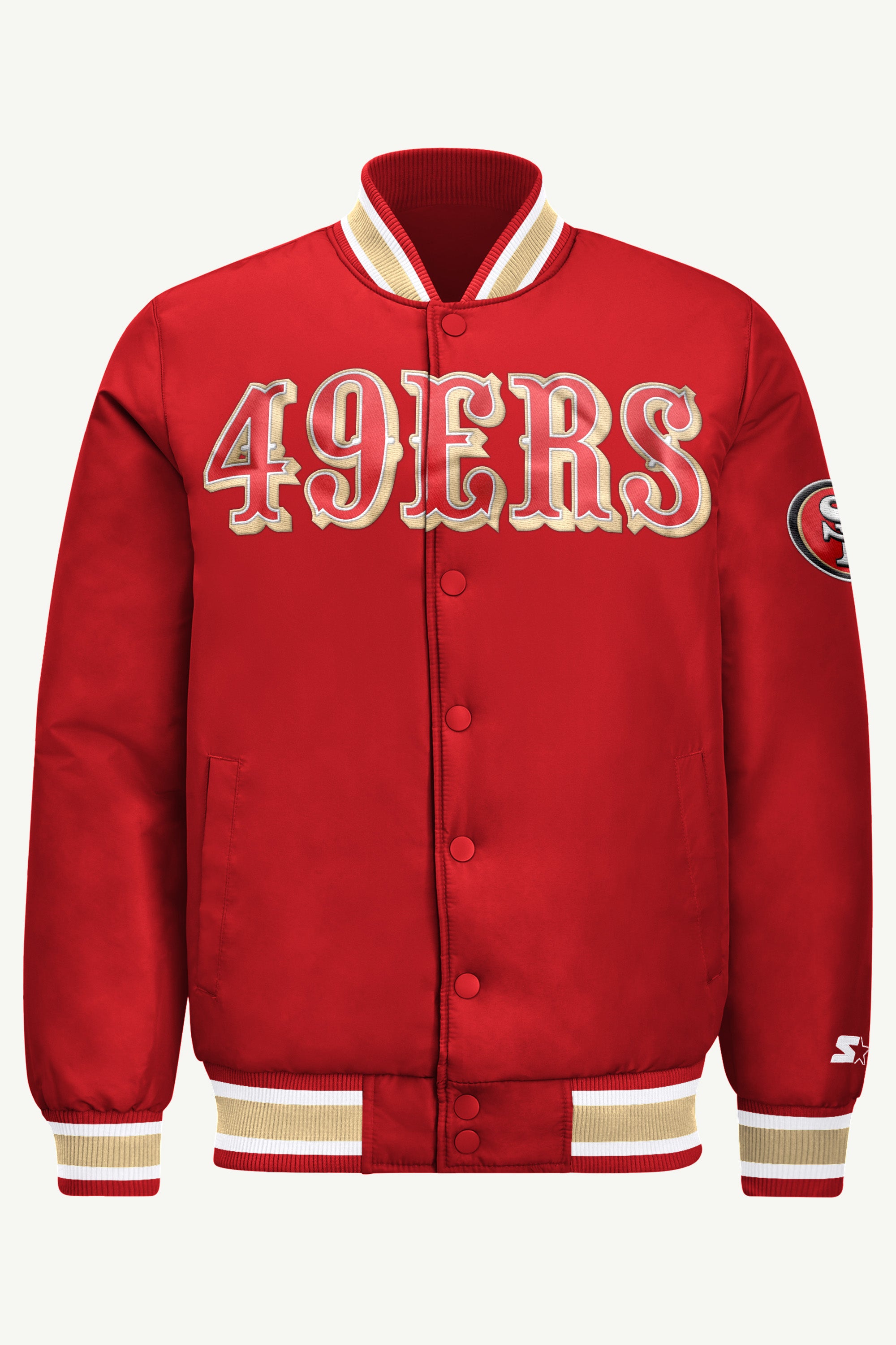 MENS SAN FRANCISCO 49ERS ACROSS SATIN VARSITY JACKET View 2 | STARTER JACKETS