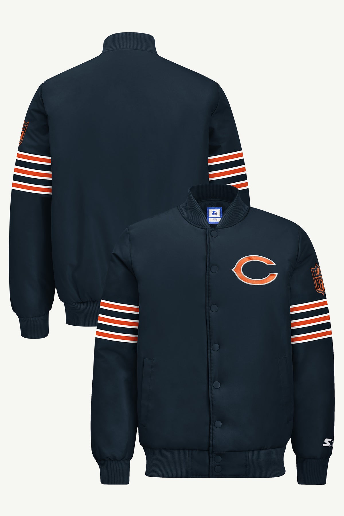 MENS CHICAGO BEARS STRIPE SLEEVE VARSITY JACKET View 1 | STARTER JACKETS