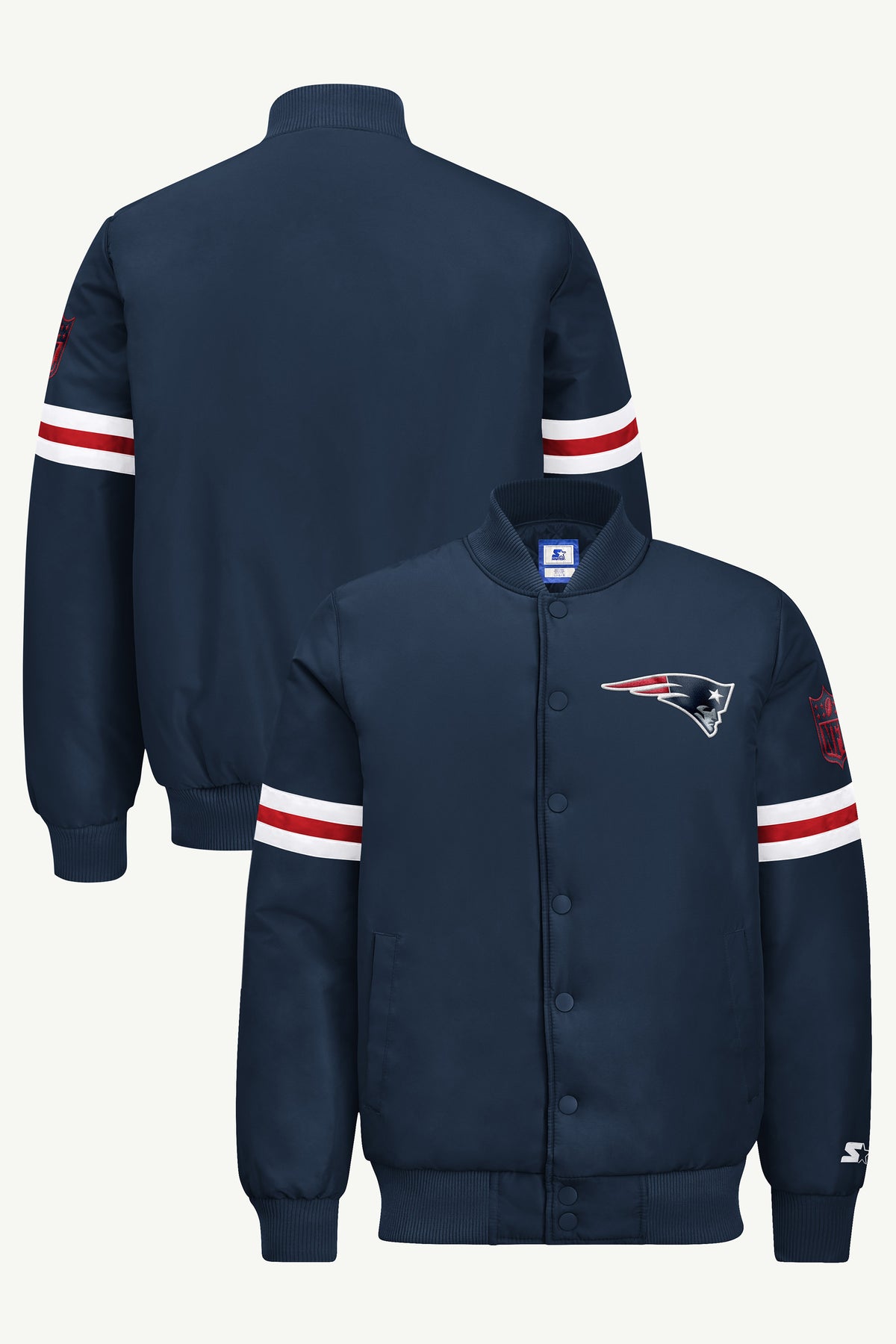 MENS NEW ENGLAND PATRIOTS STRIPE SLEEVE VARSITY JACKET View 1