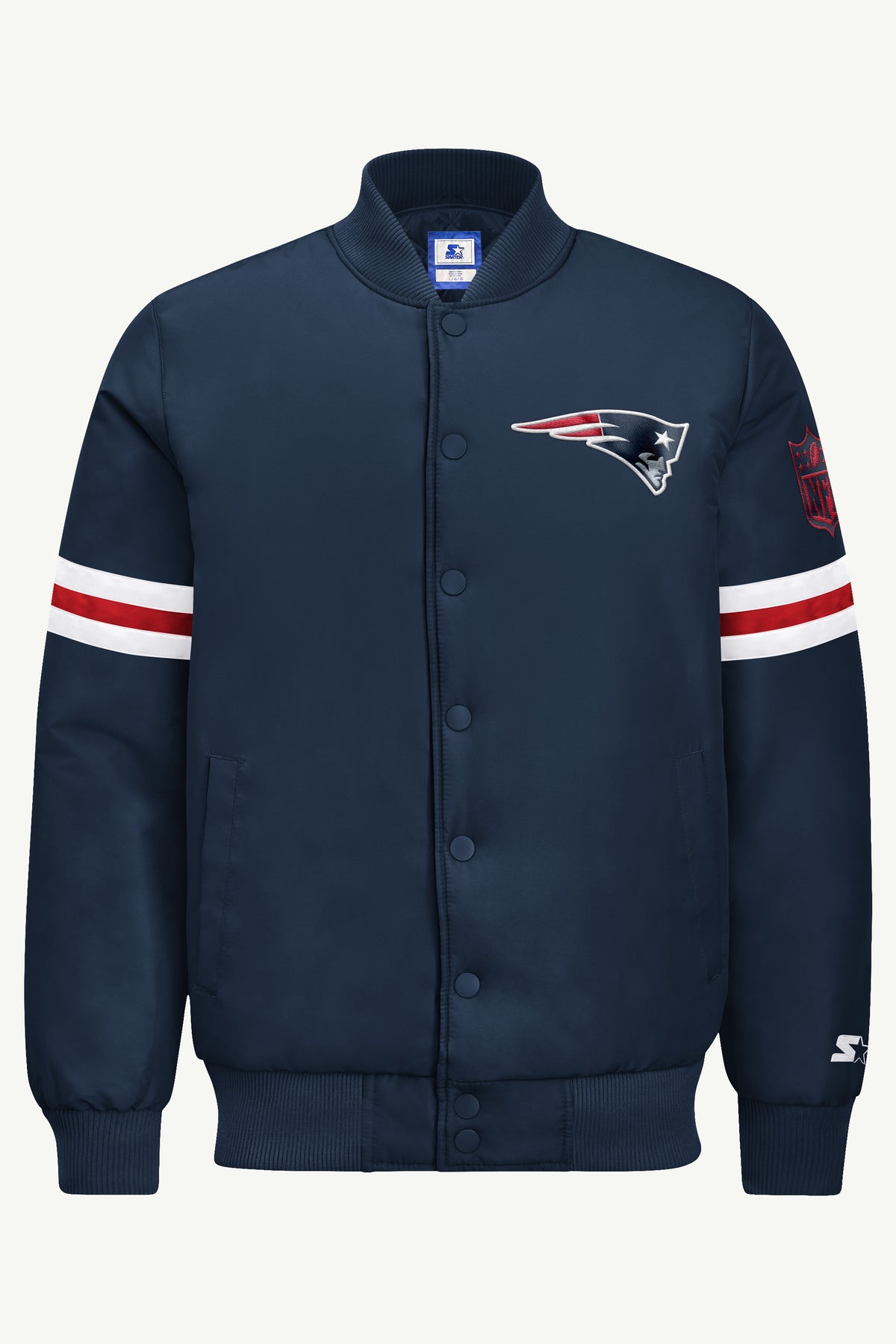 MENS NEW ENGLAND PATRIOTS STRIPE SLEEVE VARSITY JACKET View 2