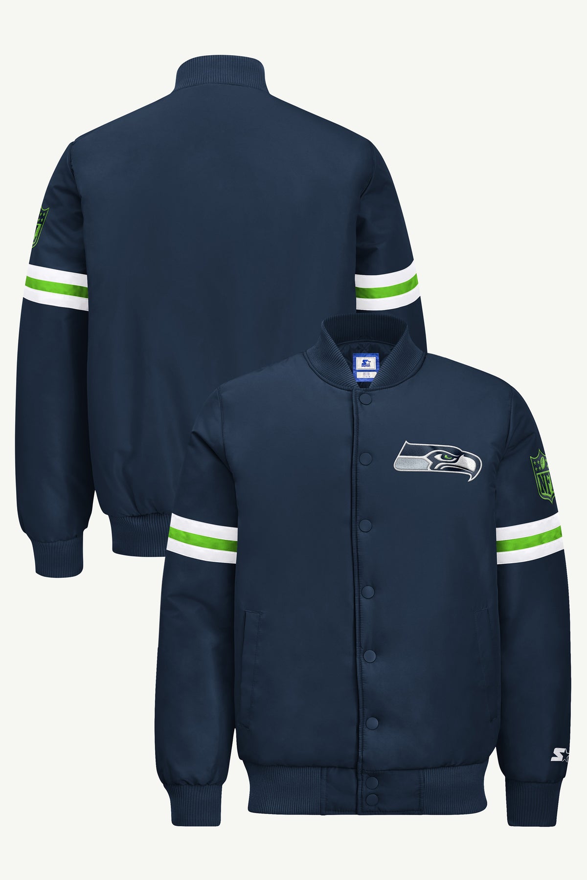 MENS SEATTLE SEAHAWKS STRIPE SLEEVE VARSITY JACKET View 1