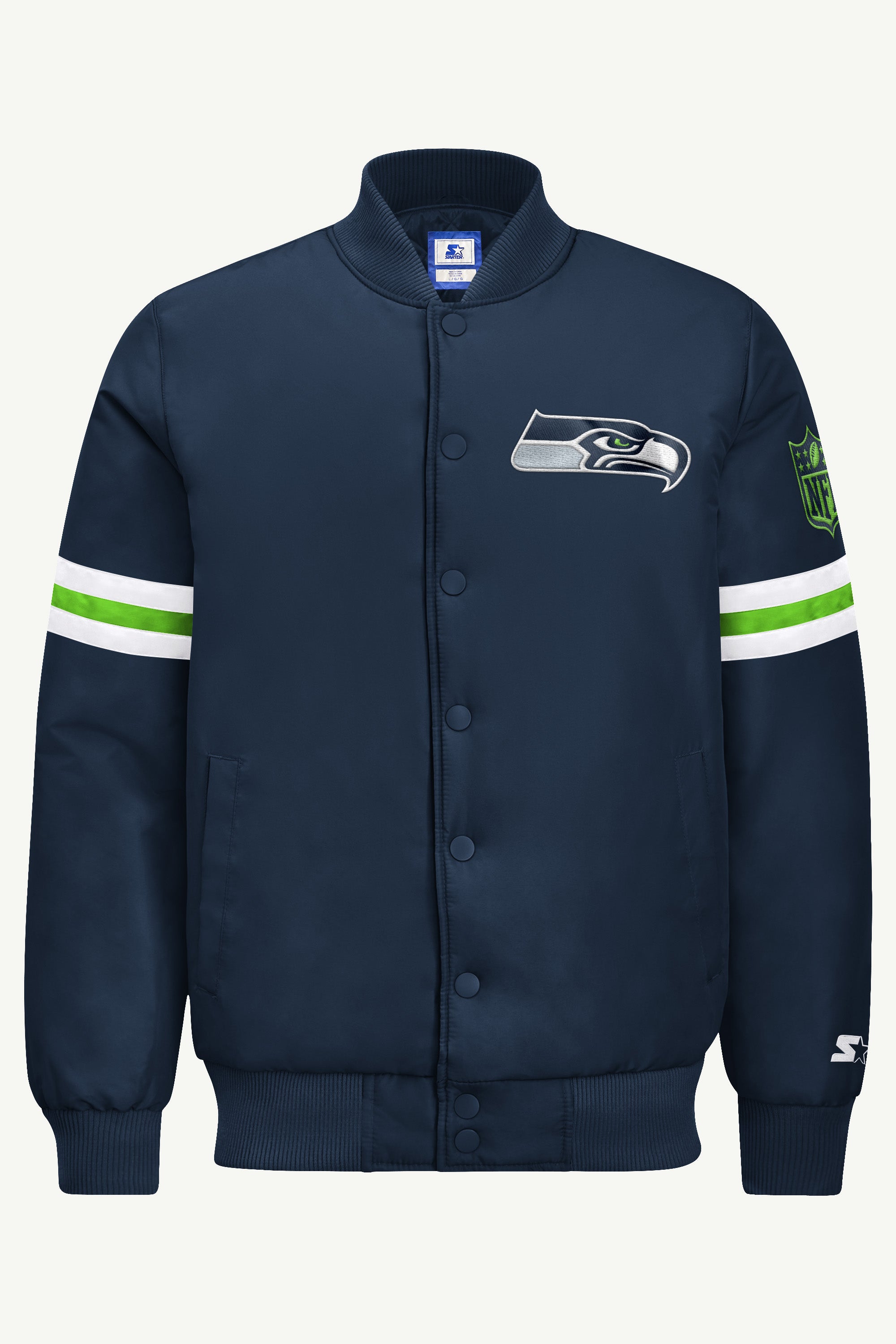 MENS SEATTLE SEAHAWKS STRIPE SLEEVE VARSITY JACKET View 2