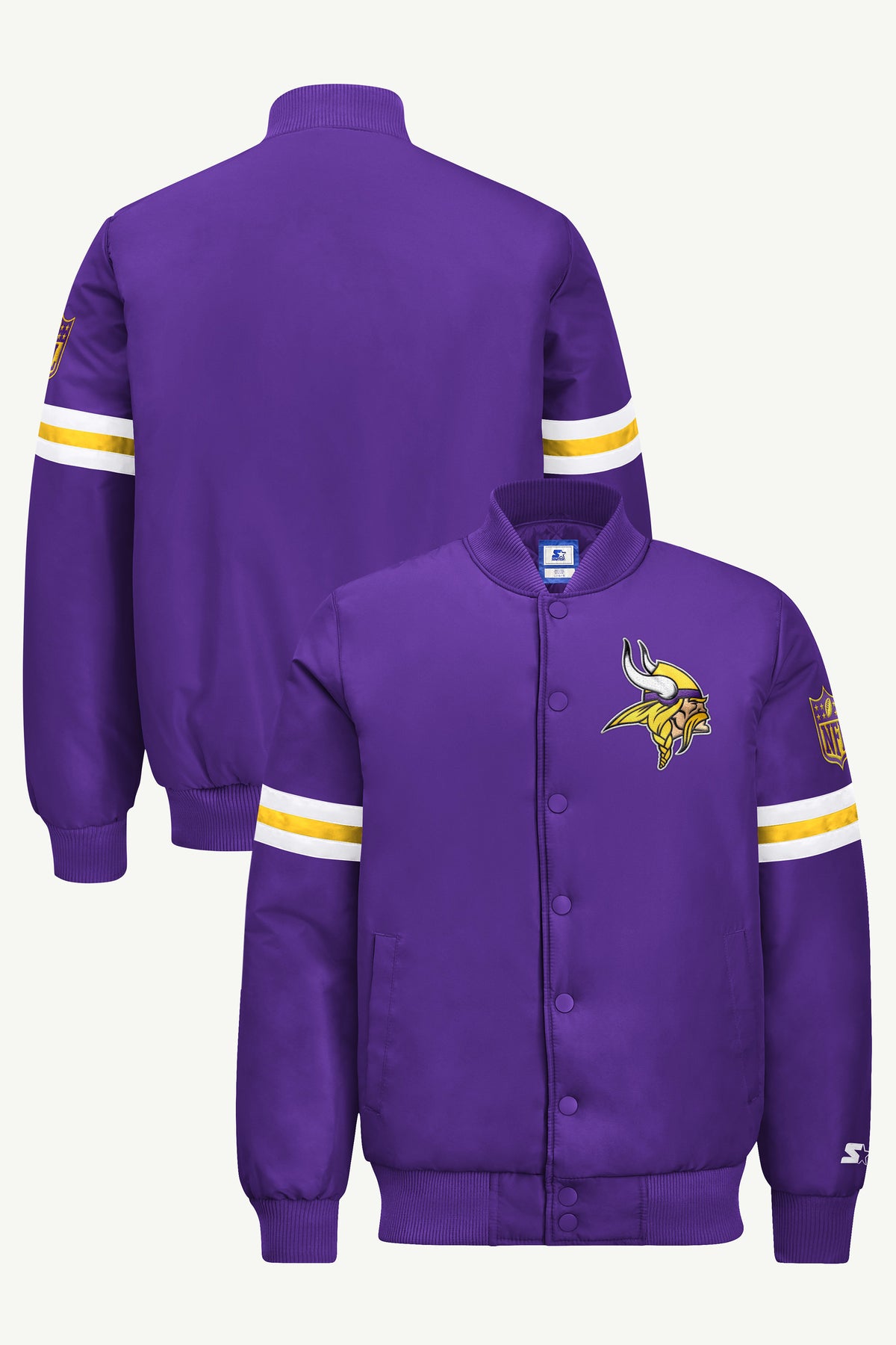 MENS MINNESOTA VIKINGS STRIPE SLEEVE VARSITY JACKET View 1 | STARTER JACKETS