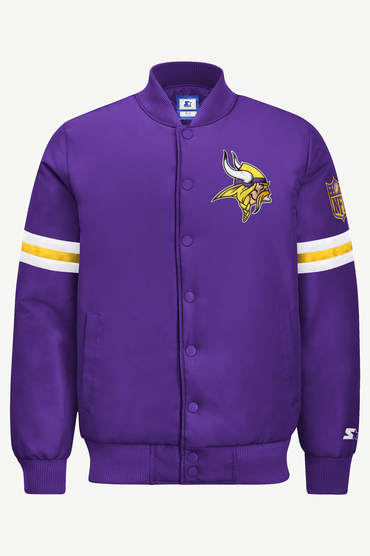 MENS MINNESOTA VIKINGS STRIPE SLEEVE VARSITY JACKET View 2 | STARTER JACKETS