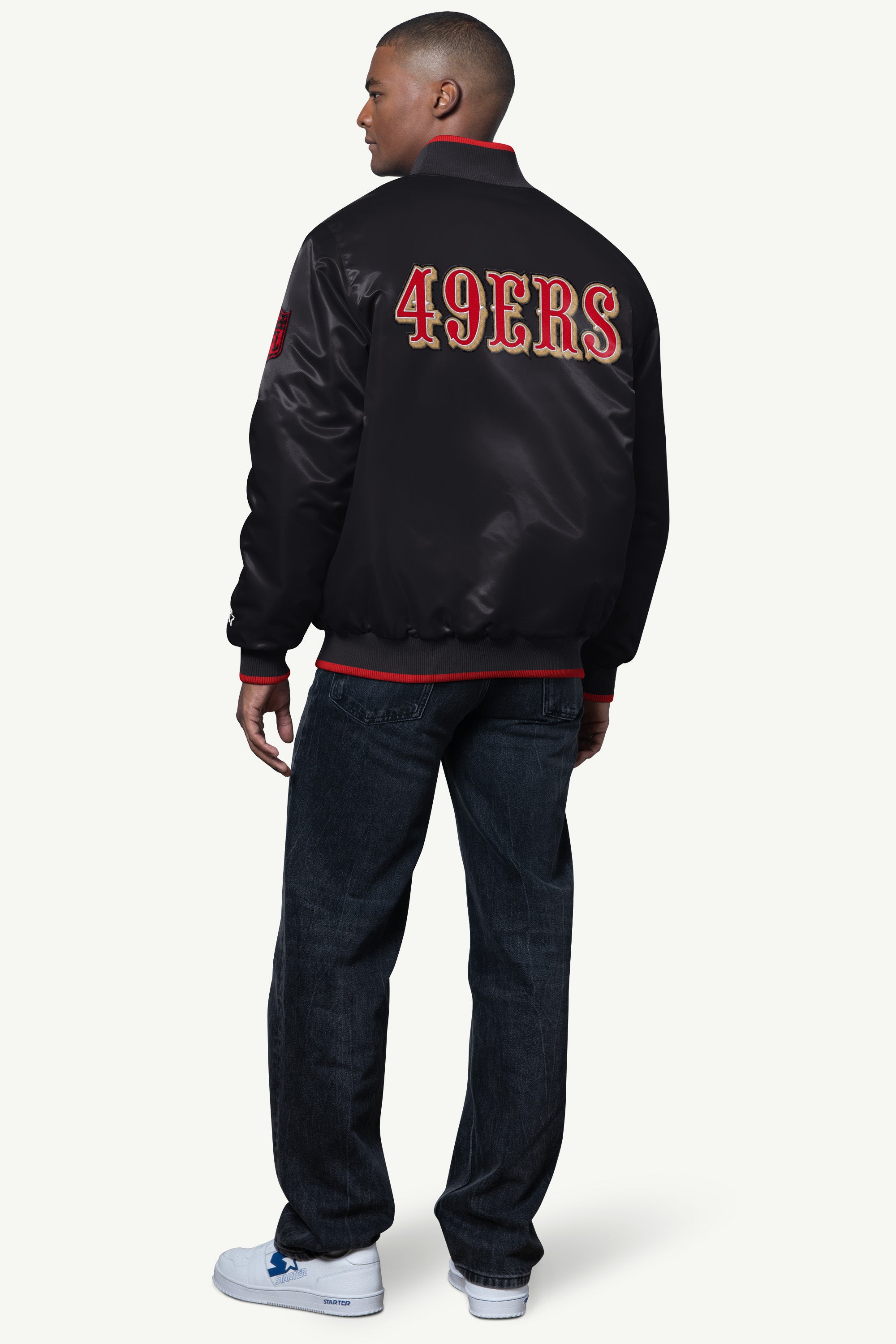 MENS SAN FRANCISCO 49ERS AMBASSADOR SATIN VARSITY JACKET View 2 | San Francisco 49ers