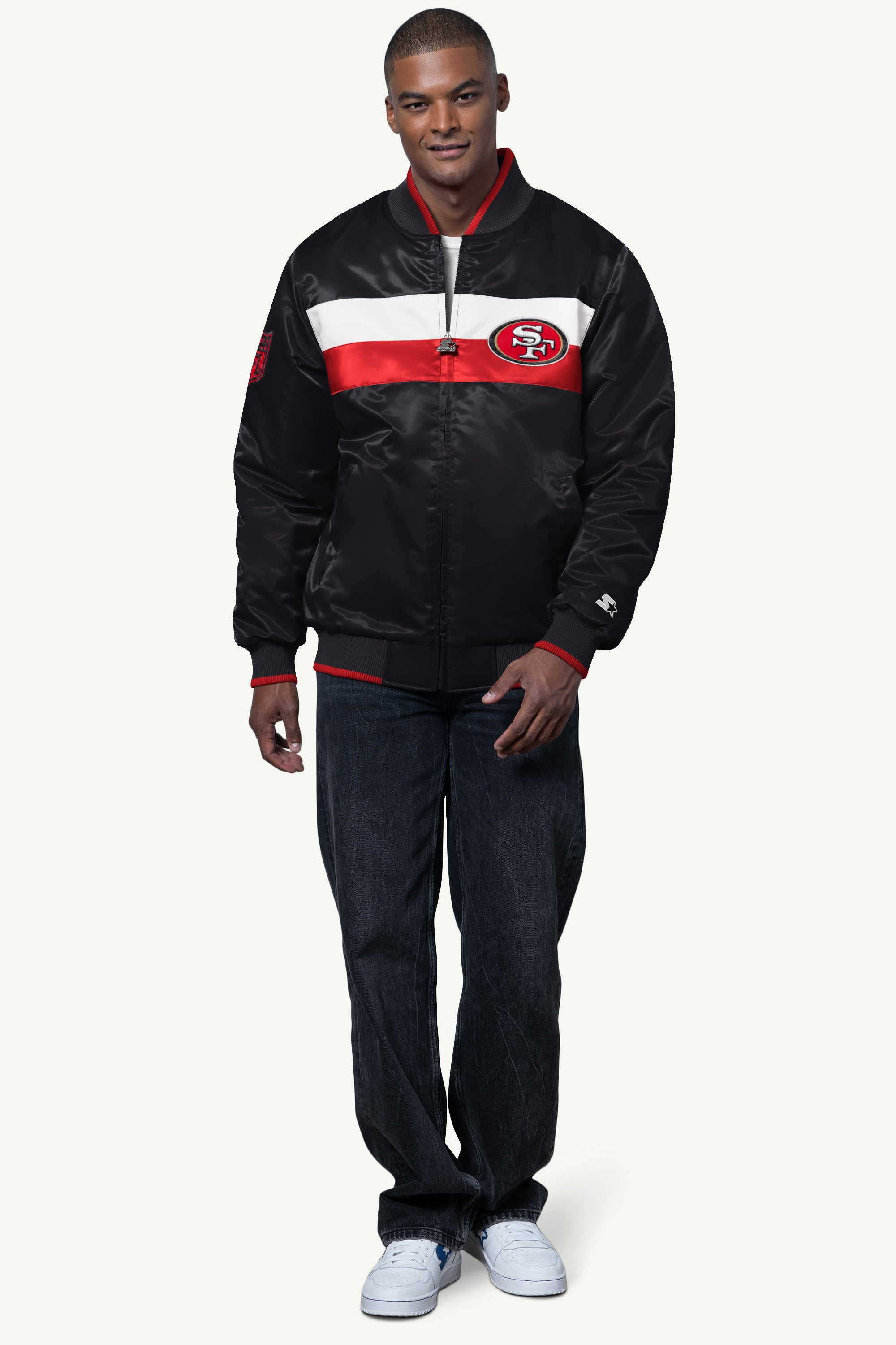 MENS SAN FRANCISCO 49ERS AMBASSADOR SATIN VARSITY JACKET View 3 | San Francisco 49ers