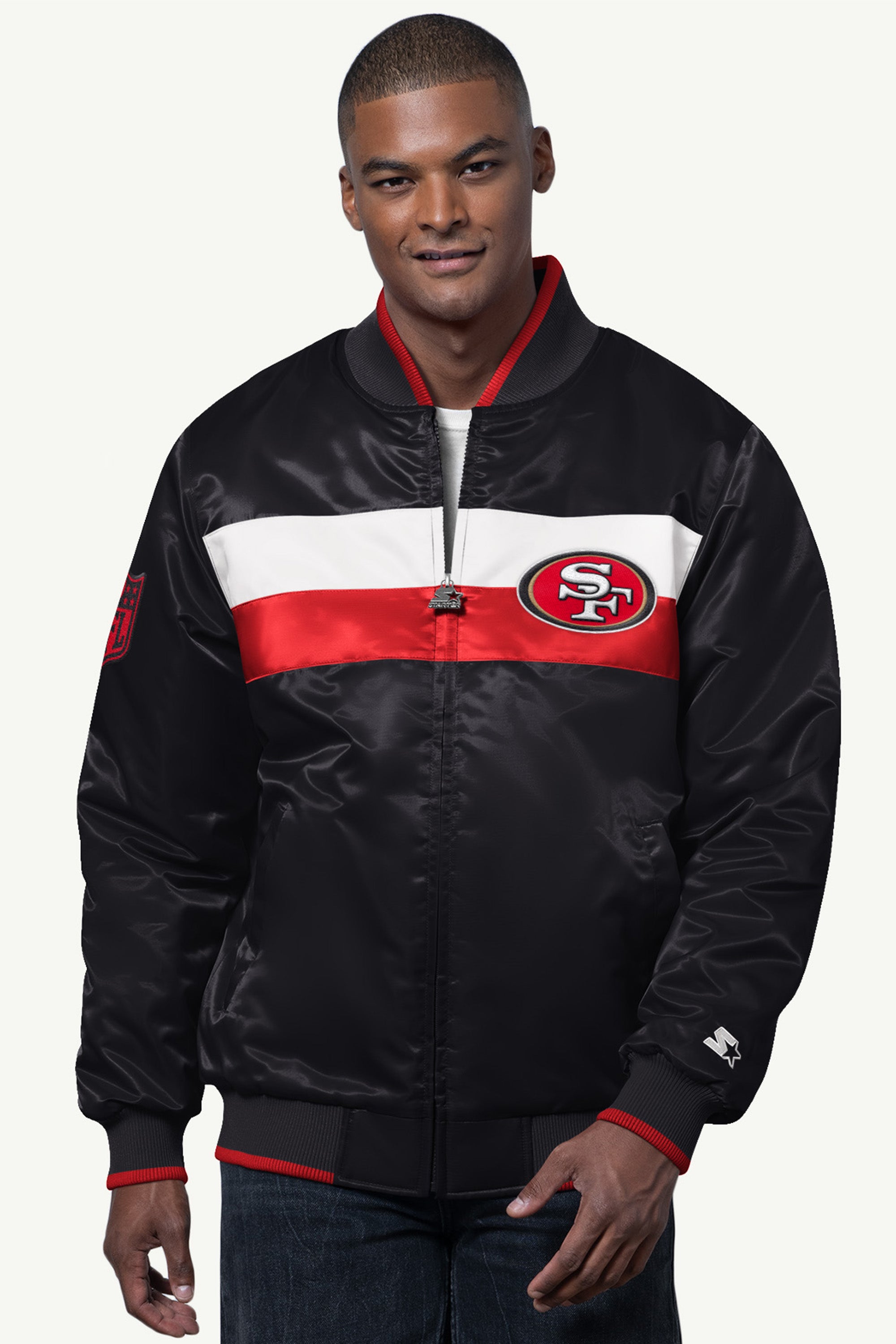 MENS SAN FRANCISCO 49ERS AMBASSADOR SATIN VARSITY JACKET View 1 | San Francisco 49ers