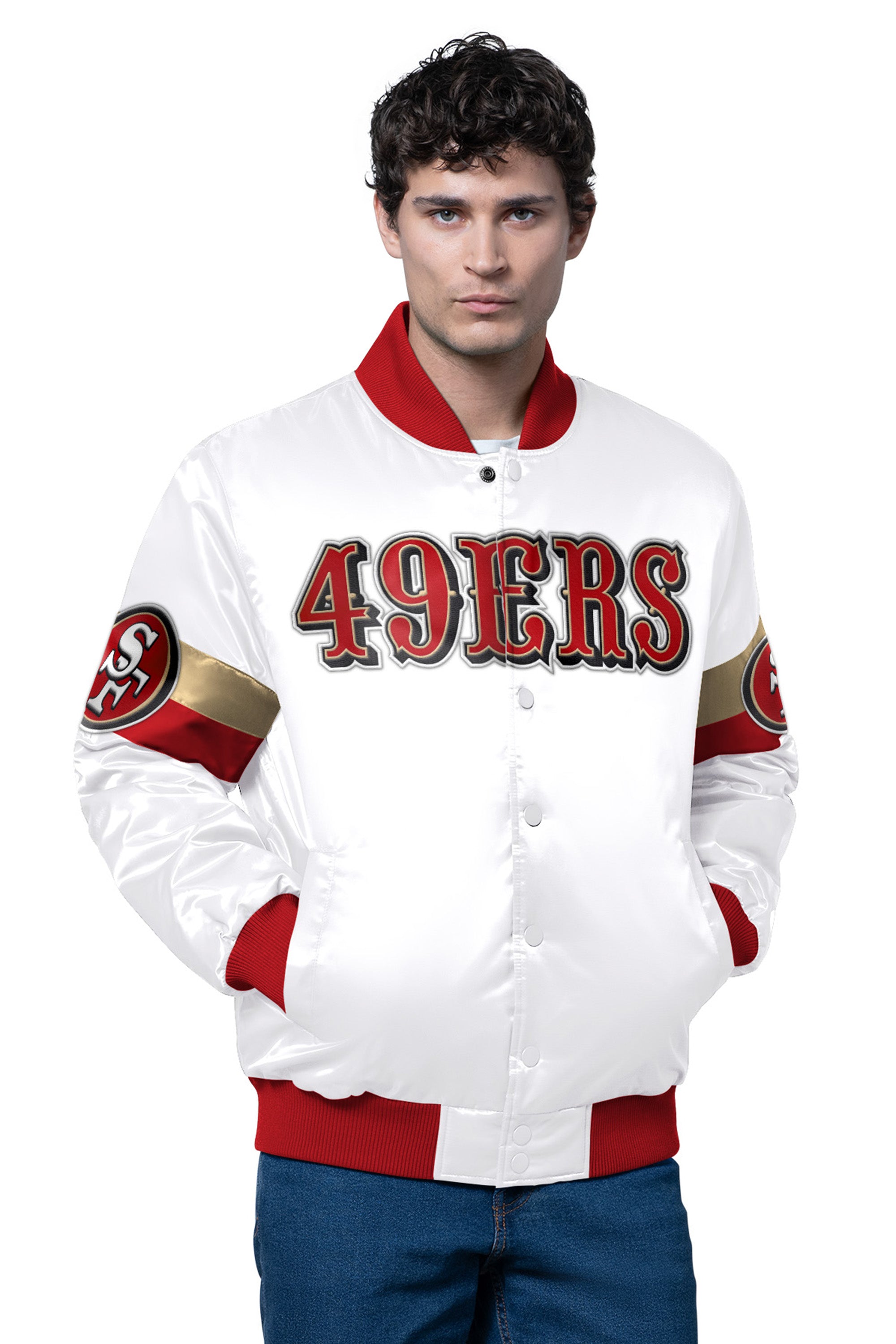 MENS SAN FRANCISCO 49ERS TRIPLE OPTION SATIN VARSITY JACKET View 1 | NFL
