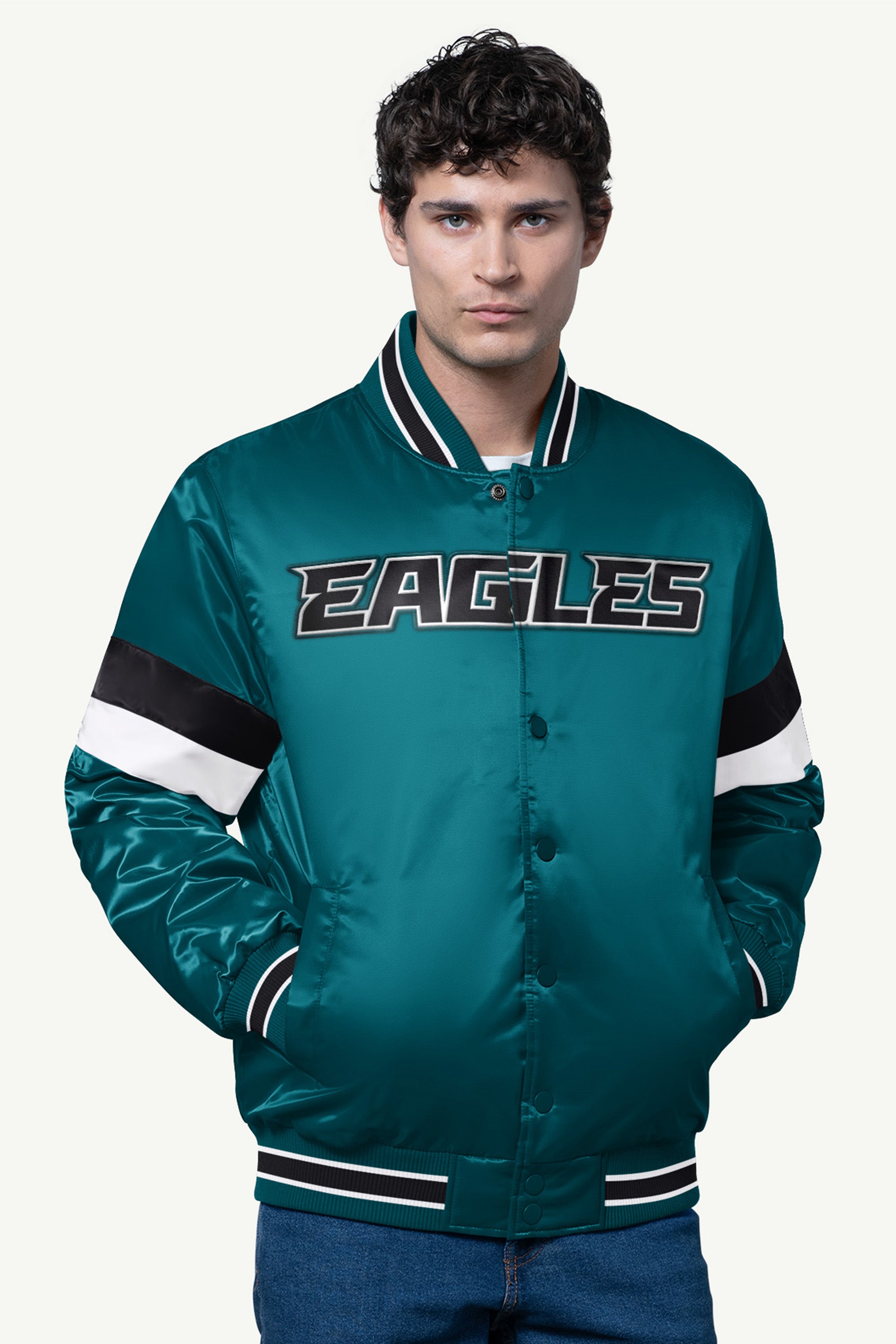 MENS PHILADELPIA EAGLES SATIN VARSITY JACKET View 1 | Philadelphia Eagles